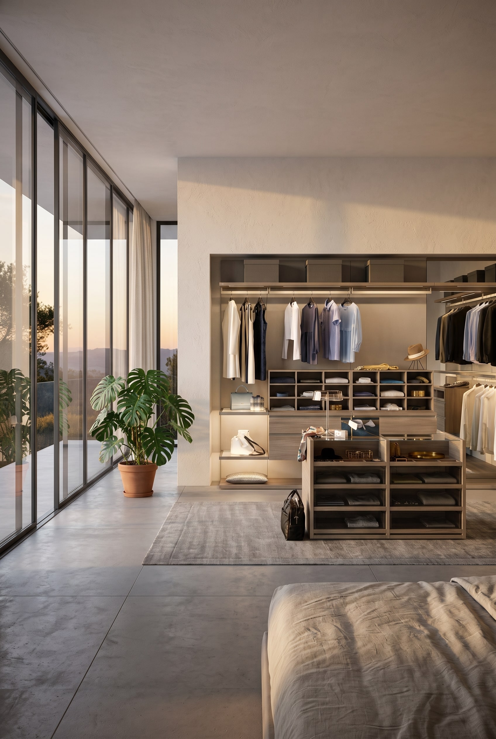 Transparante kledingkast met elegante glazen fronten als vrijstaande roomdivider in een moderne slaapkamer