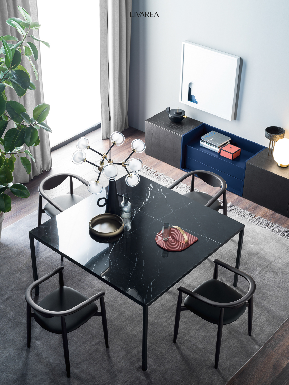 Modern designer dining room with marble dining table, four dining chairs and unusual sideboard