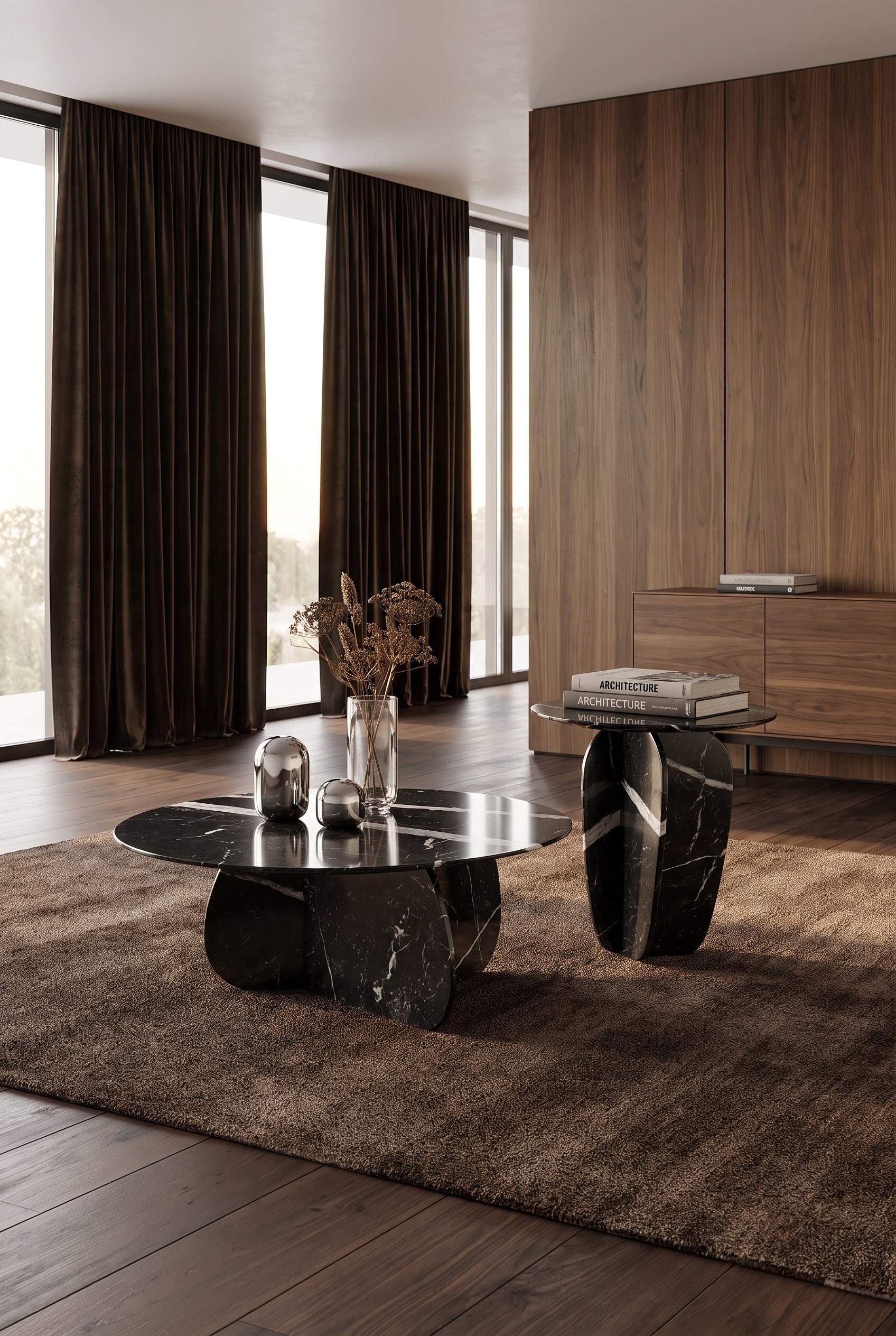 Massieve salontafel van donker marmer met sterke nerven in het midden van een minimalistische Retro-Luxe woonkamer