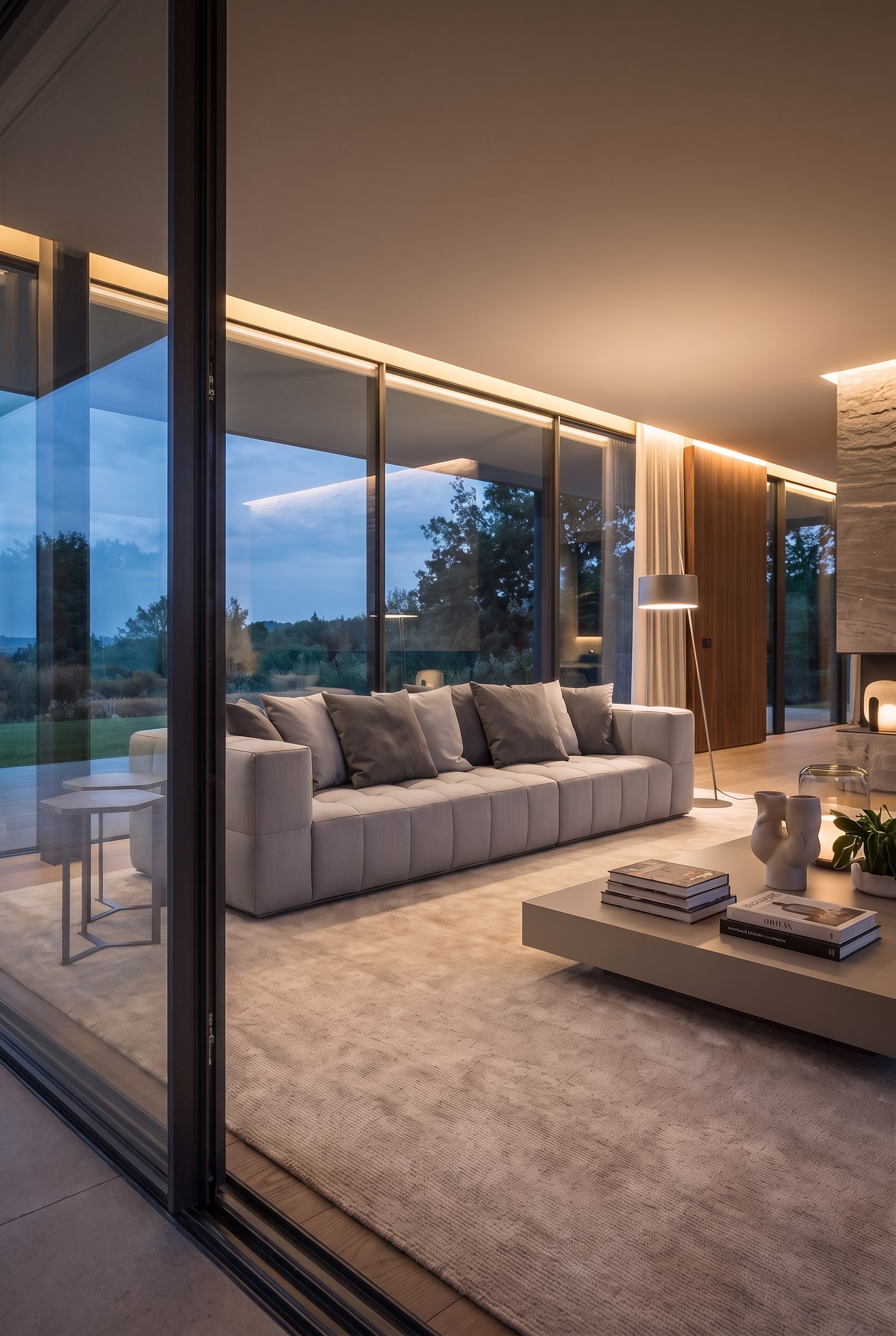 Moderne Italiaanse woonkamer met indirecte verlichting. Een extra groot licht tapijt omvat de grijze modulaire bank harmonieus.