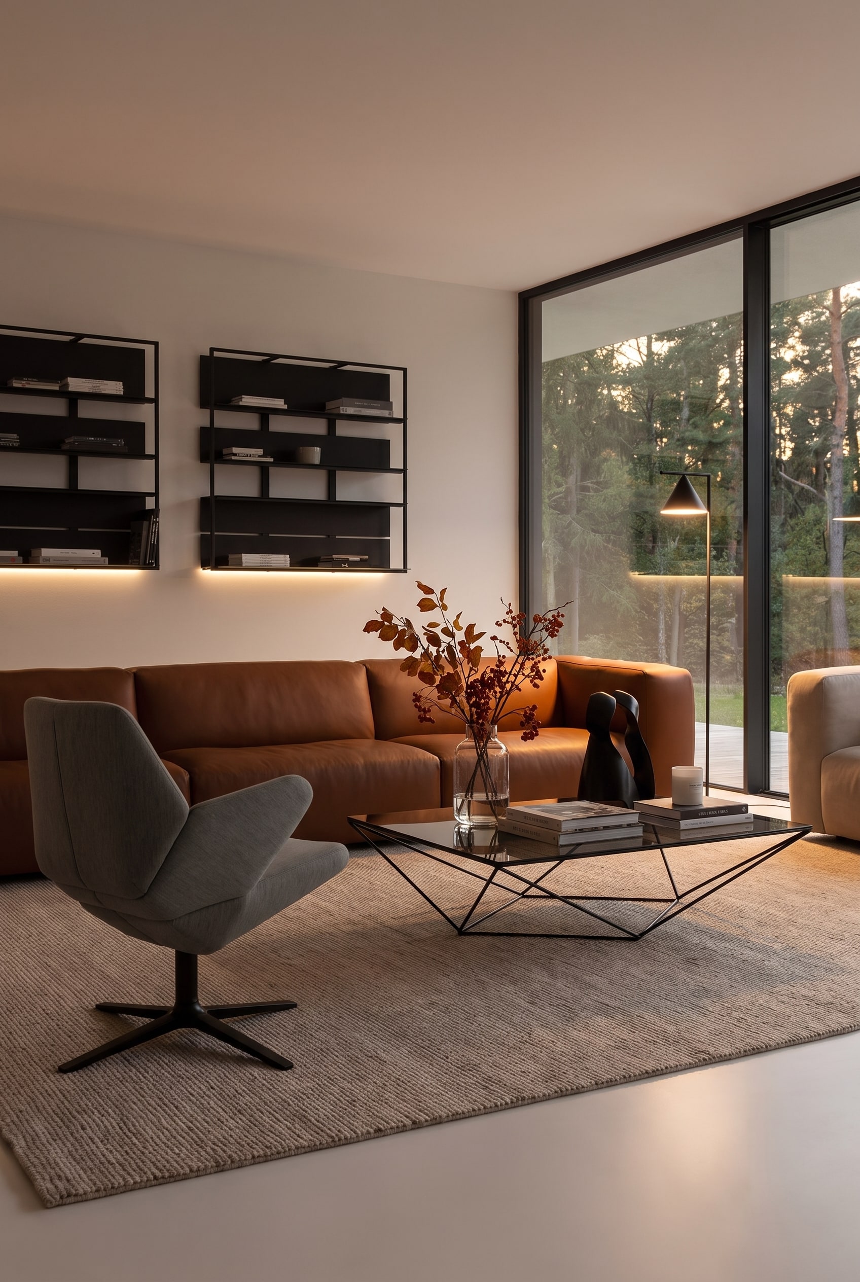 Prospettiva obliqua di un salotto lounge con divano in pelle, poltrona grigia, tappeto beige e grandi finestre sul giardino.