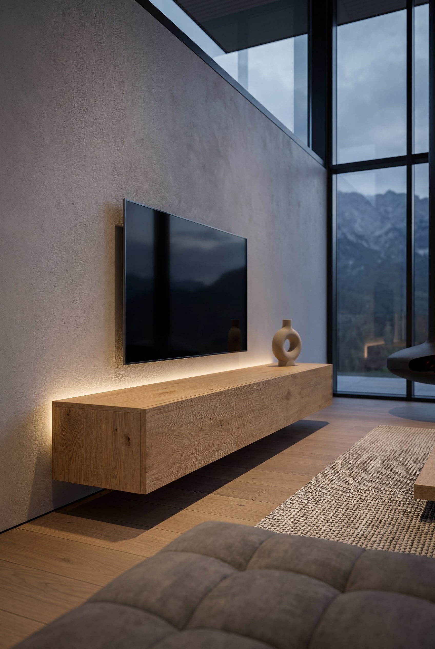 Soggiorno lussuoso con mobile TV basso in rovere scuro, televisore a schermo piatto e una scultura in ceramica opaca