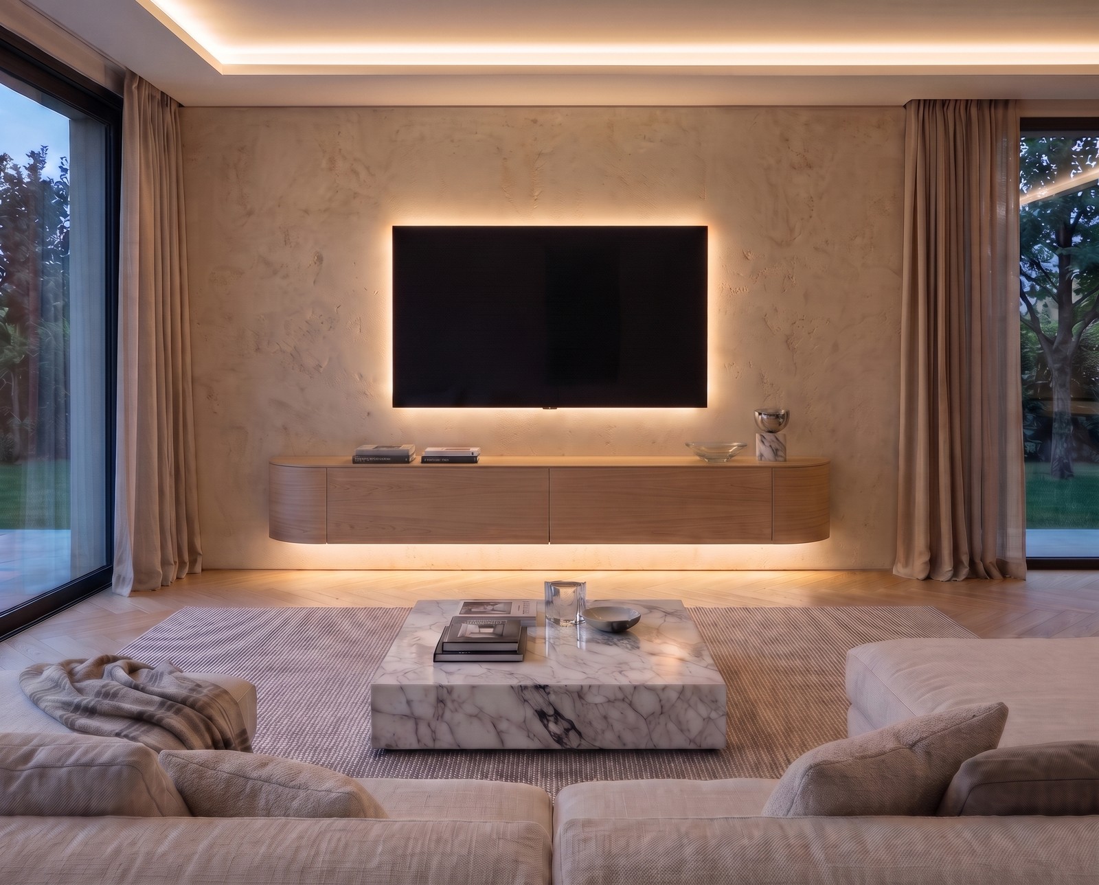 Novamobili Tondora lowboard in oak veneer, W 240 cm, wall-mounted in a living room