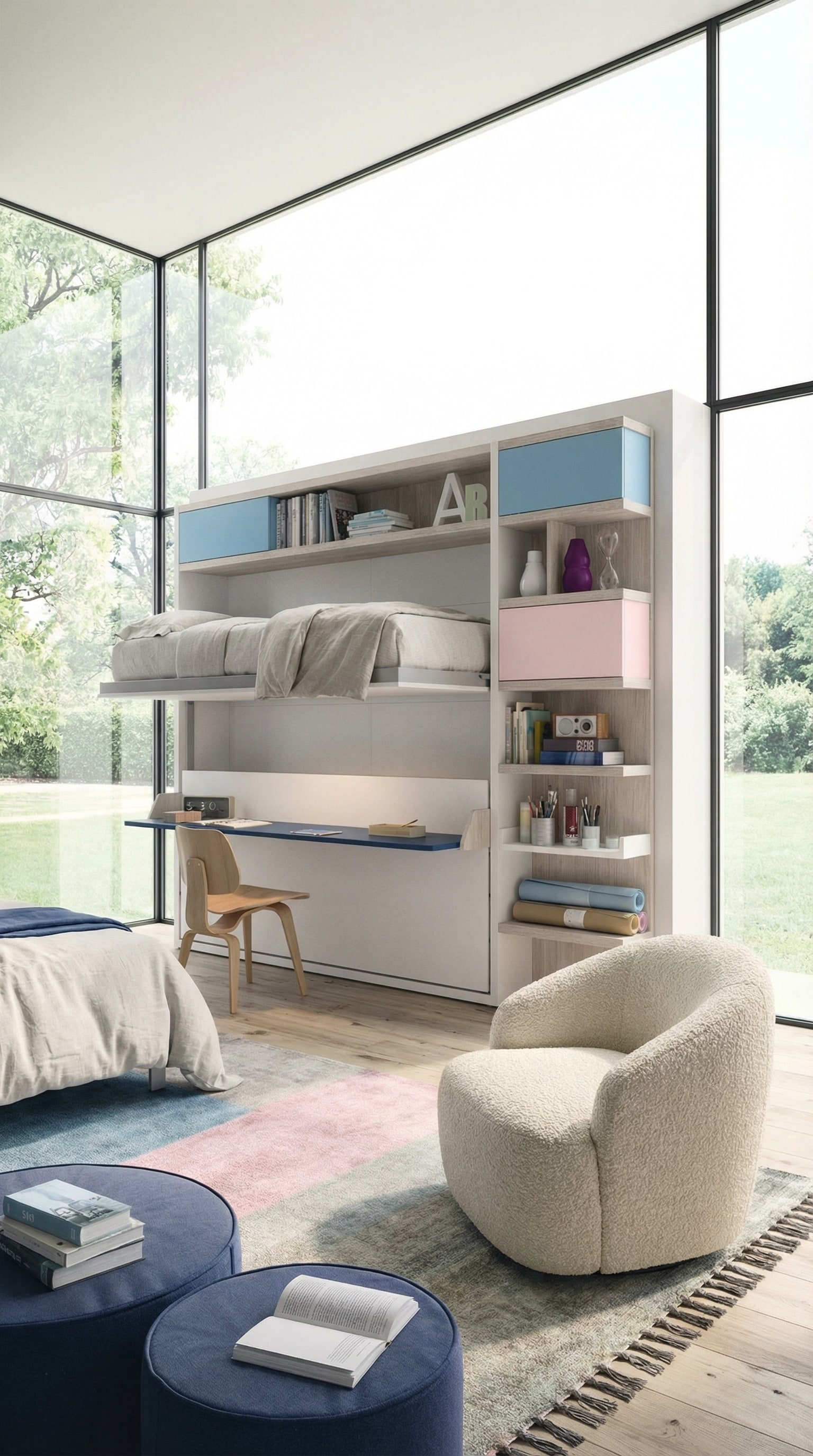 Hochwertiges G&auml;stezimmer f&uuml;r Familien mit einem eleganten Clei Kali Duo Etagen-Schrankbett im geschlossenen Zustand.