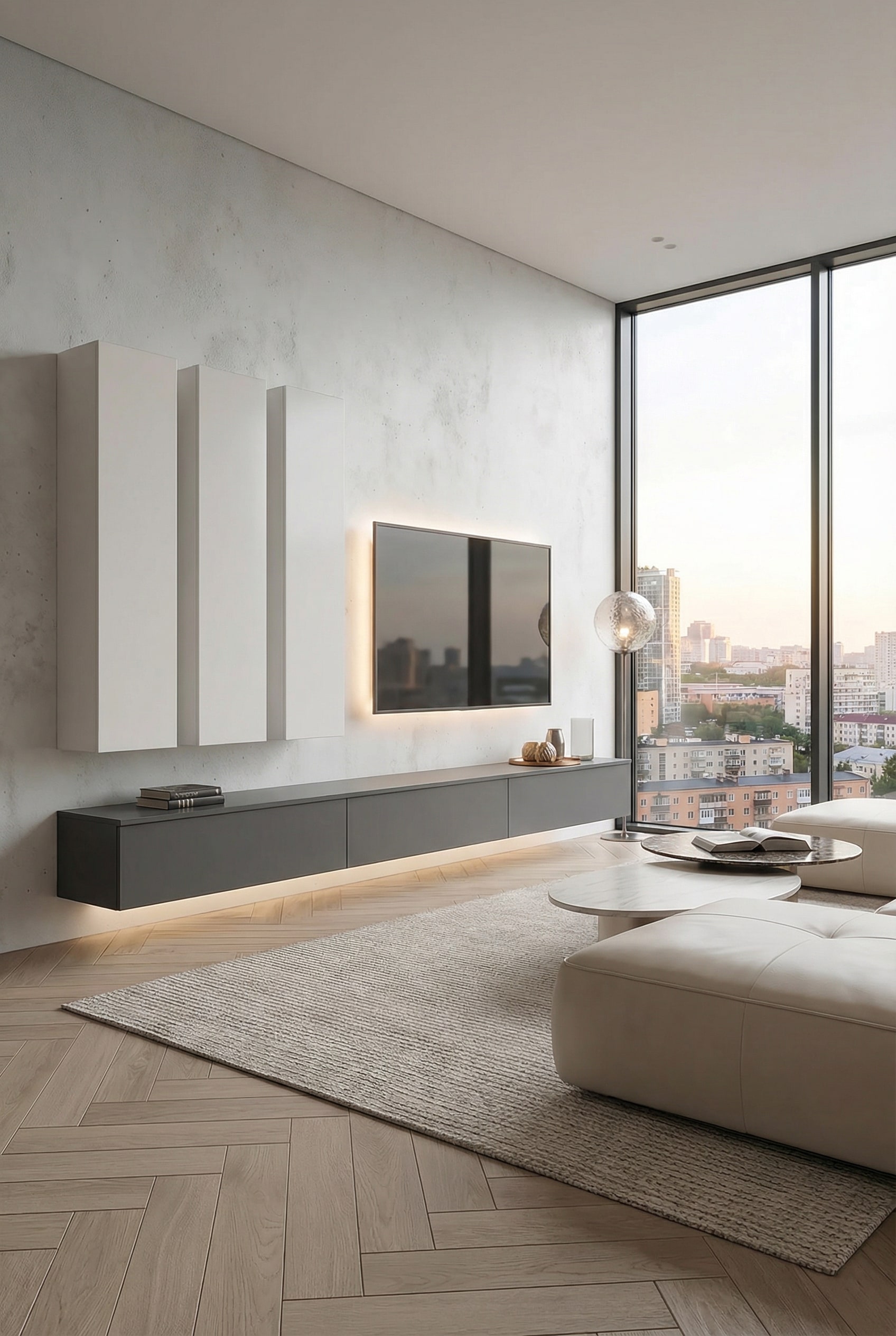 Wohnwand, die asymmetrisch nach dem Goldenen Schnitt angeordnet ist