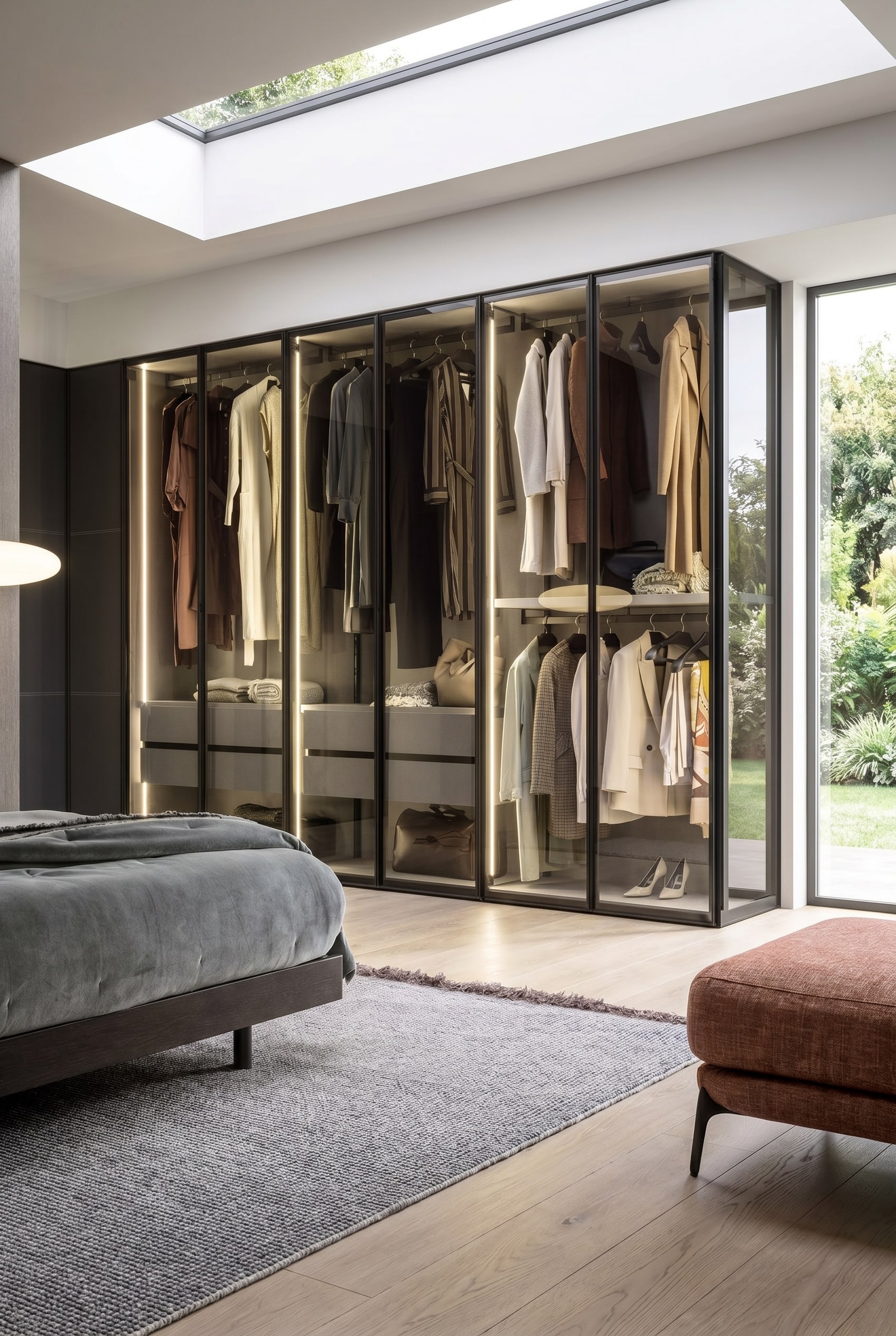 Elegante kledingkast met rookglazen deuren, zwarte metalen profielen en warme 3000 Kelvin binnenverlichting in de modern ingerichte slaapkamer