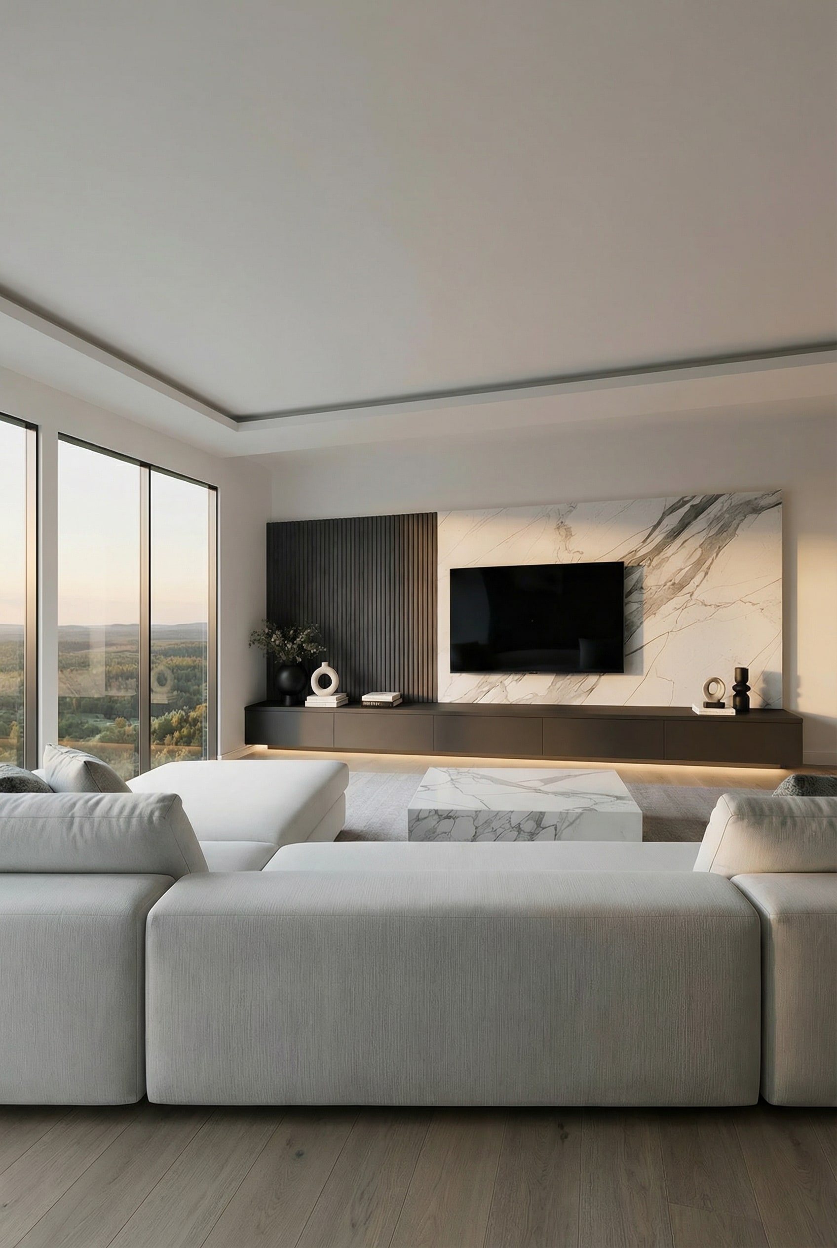 Minimalistische Wohnzimmer Wohnwand nach Maß mit symmetrischer Linienführung Minimalistische Wohnzimmer Wohnwand nach Maß mit symmetrischer Linienführung