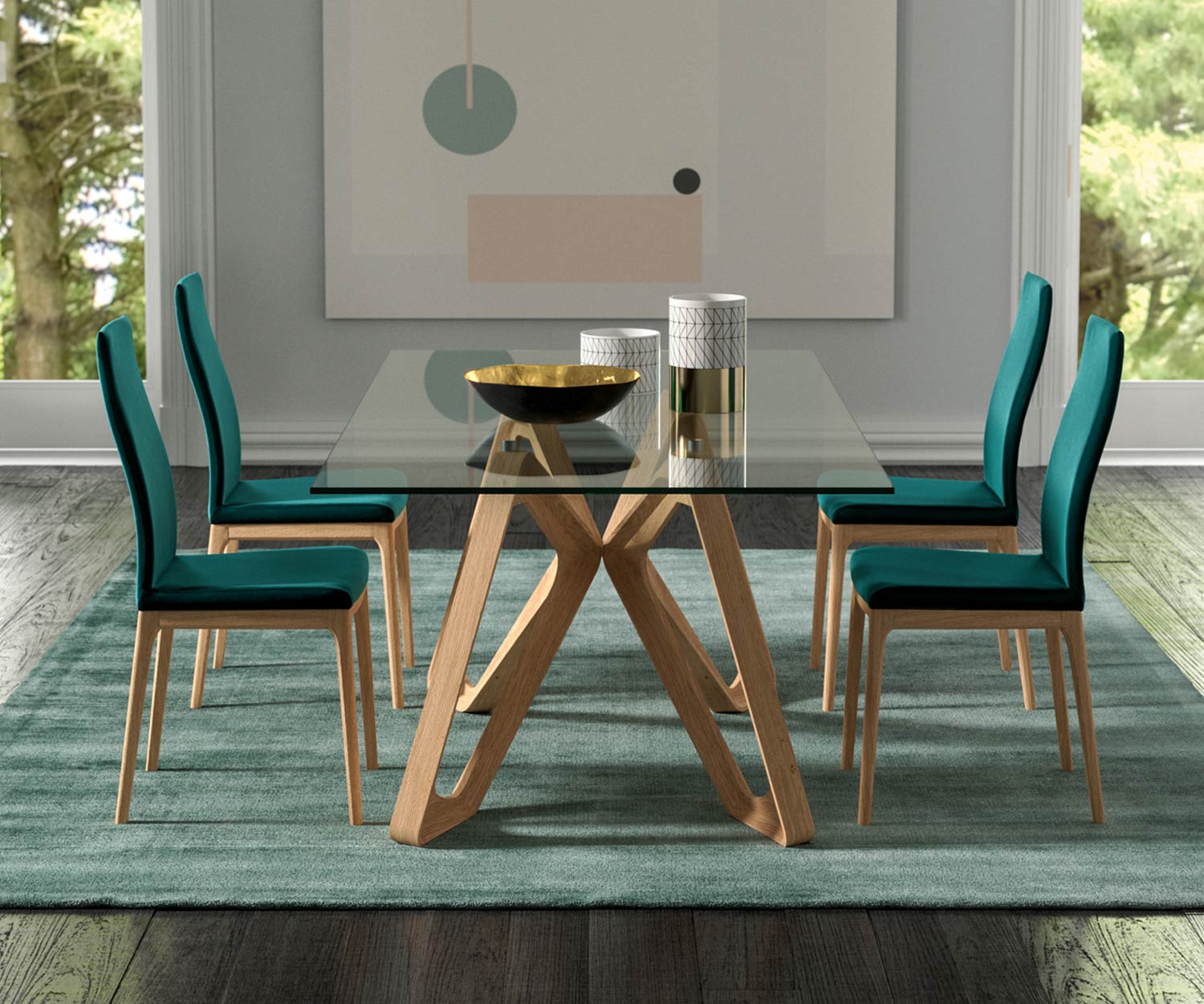 Exclusive Ozzio Papillon Design glass table T253 Legs solid wood in light-coloured natural oak