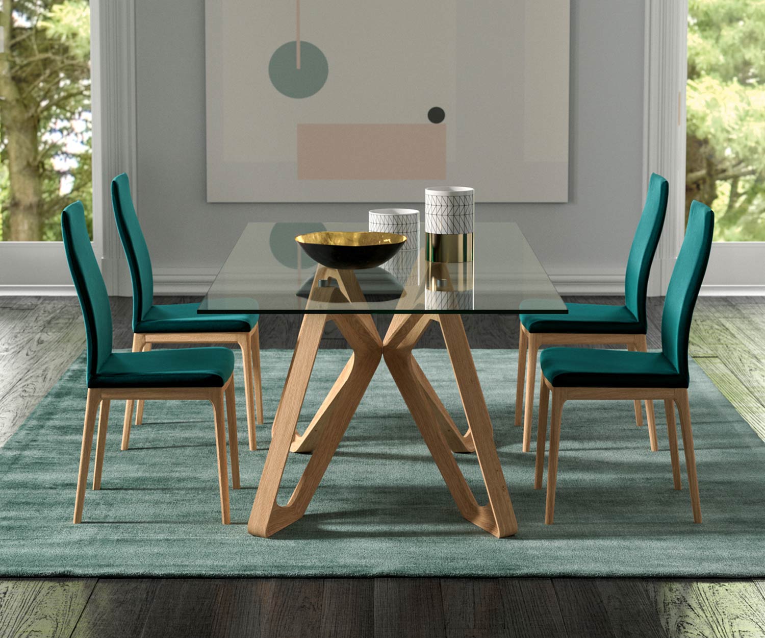 Exklusiver Ozzio Papillon Design Glastisch T253 Beine Massivholz in heller Eiche natur Exklusiver Ozzio Papillon Design Glastisch T253 Beine Massivholz in heller Eiche natur