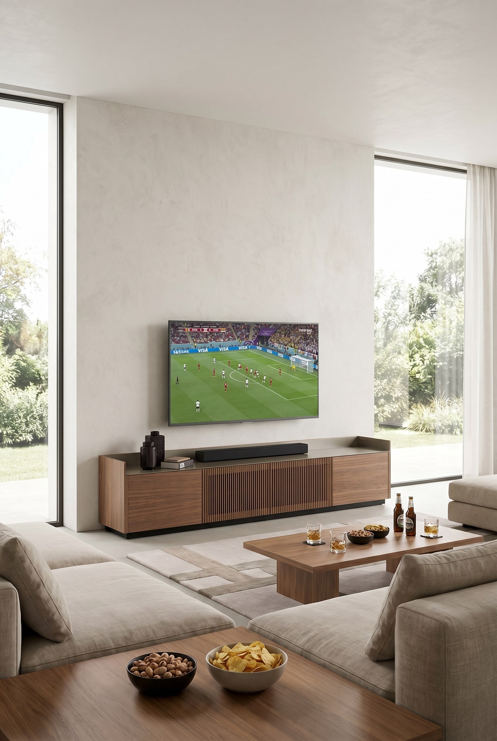 Soggiorno moderno con lowboard in legno di noce con piano superiore in alluminio, sopra un televisore a schermo piatto e una soundbar nera sottile