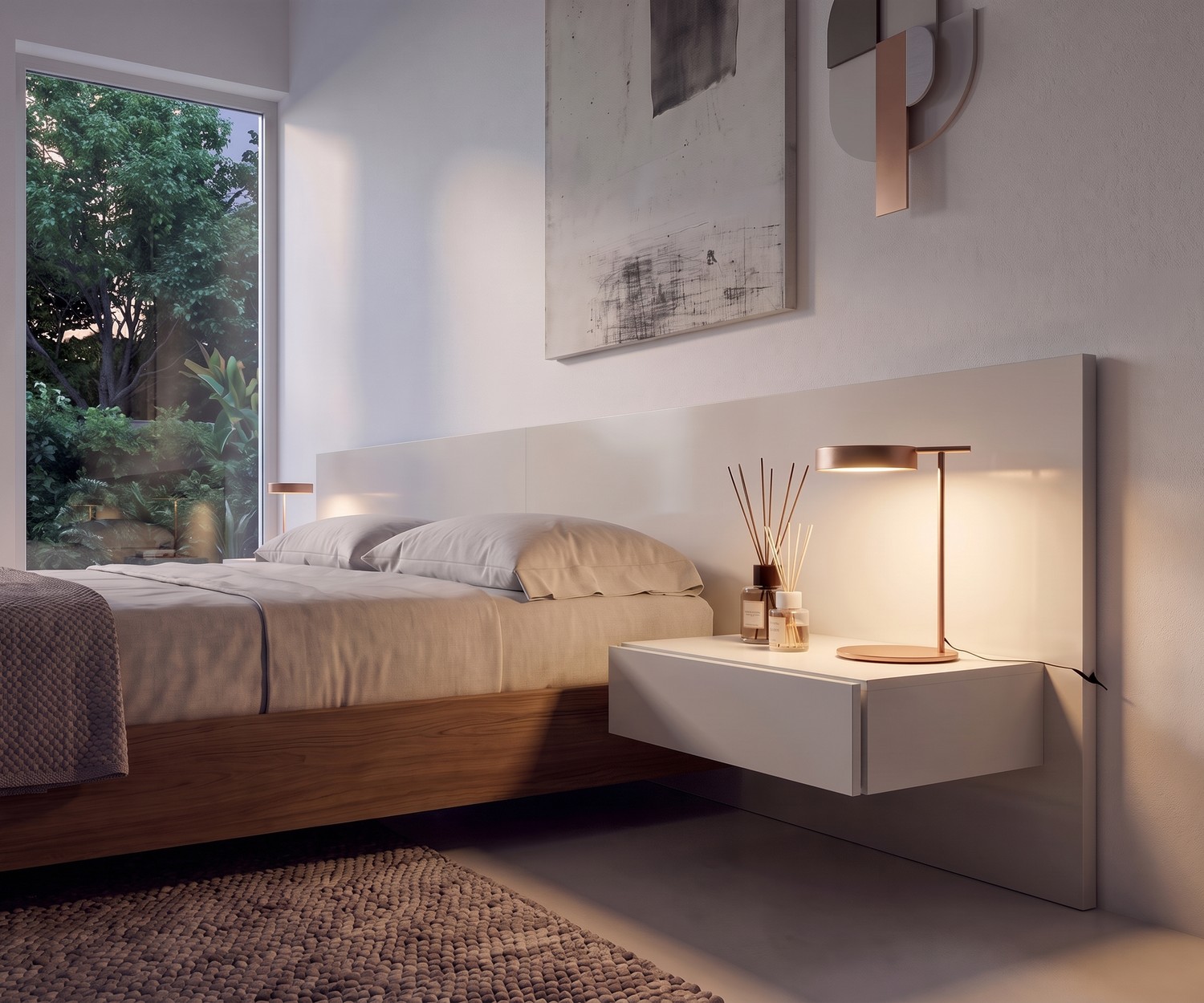 Hänge-Nachttisch Easy 1 Novamobili Hänge-Nachttisch Easy 1 von Novamobili im Schlafzimmer neben Holzbett, mit moderner kupferfarbener Nachttischlampe.