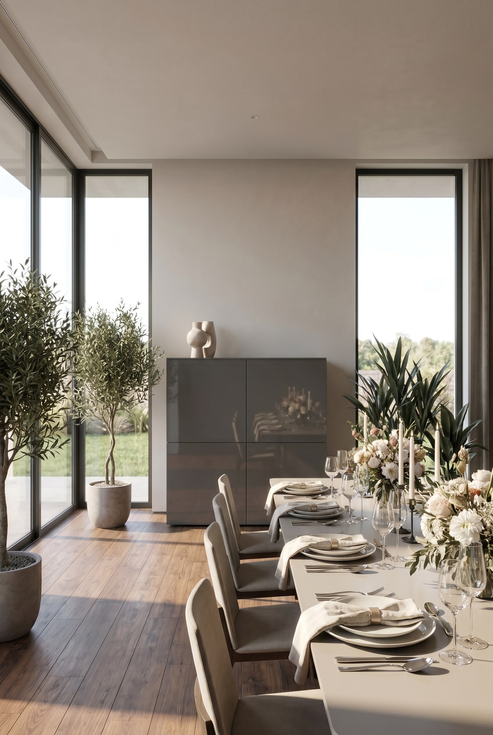 Gesloten fronten in de eetkamer voor een rustig opbergconcept Gesloten fronten in de eetkamer voor een rustig opbergconcept