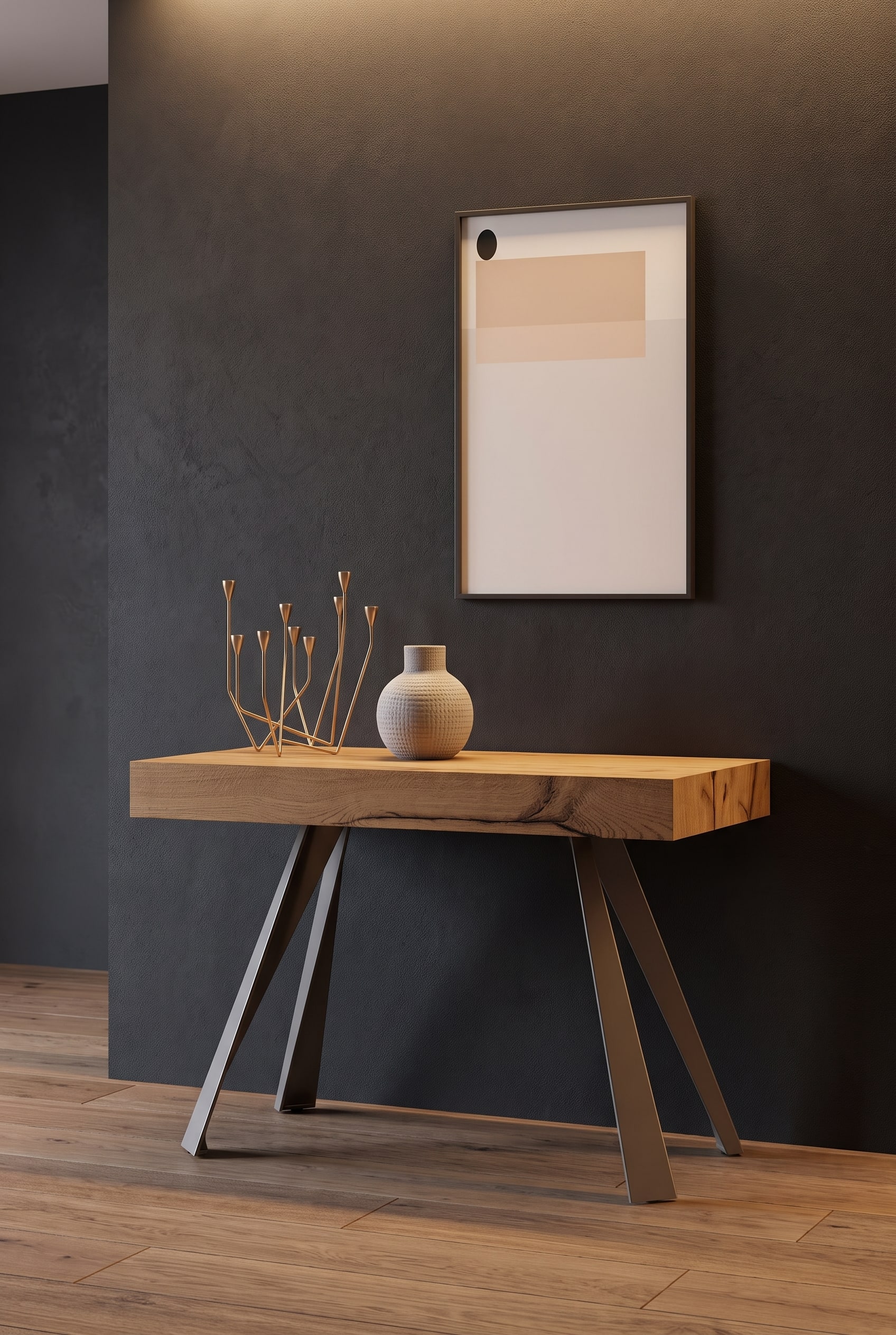 Holzkonsole mit schrägen Metallbeinen in einem modernen Raum, darüber hängt ein perfekt proportioniertes Kunstwerk mit 20 cm Abstand