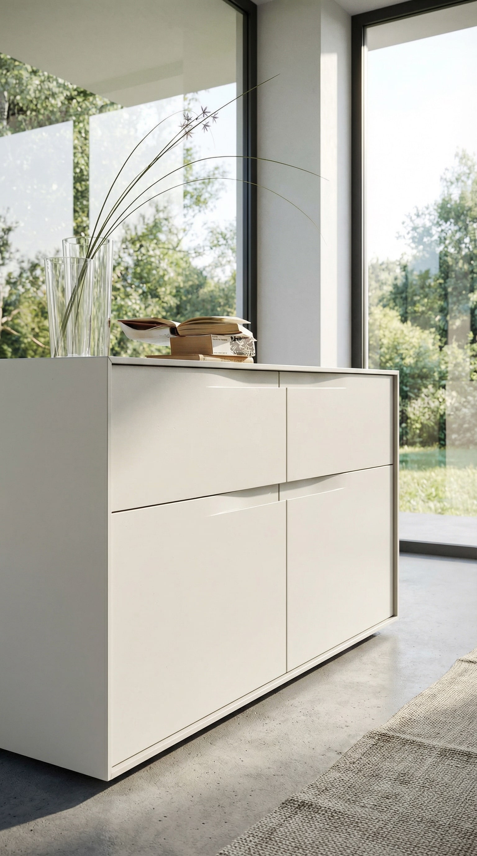 Matte designer chest of drawers with elegant, handleless fronts in a stylishly furnished room.