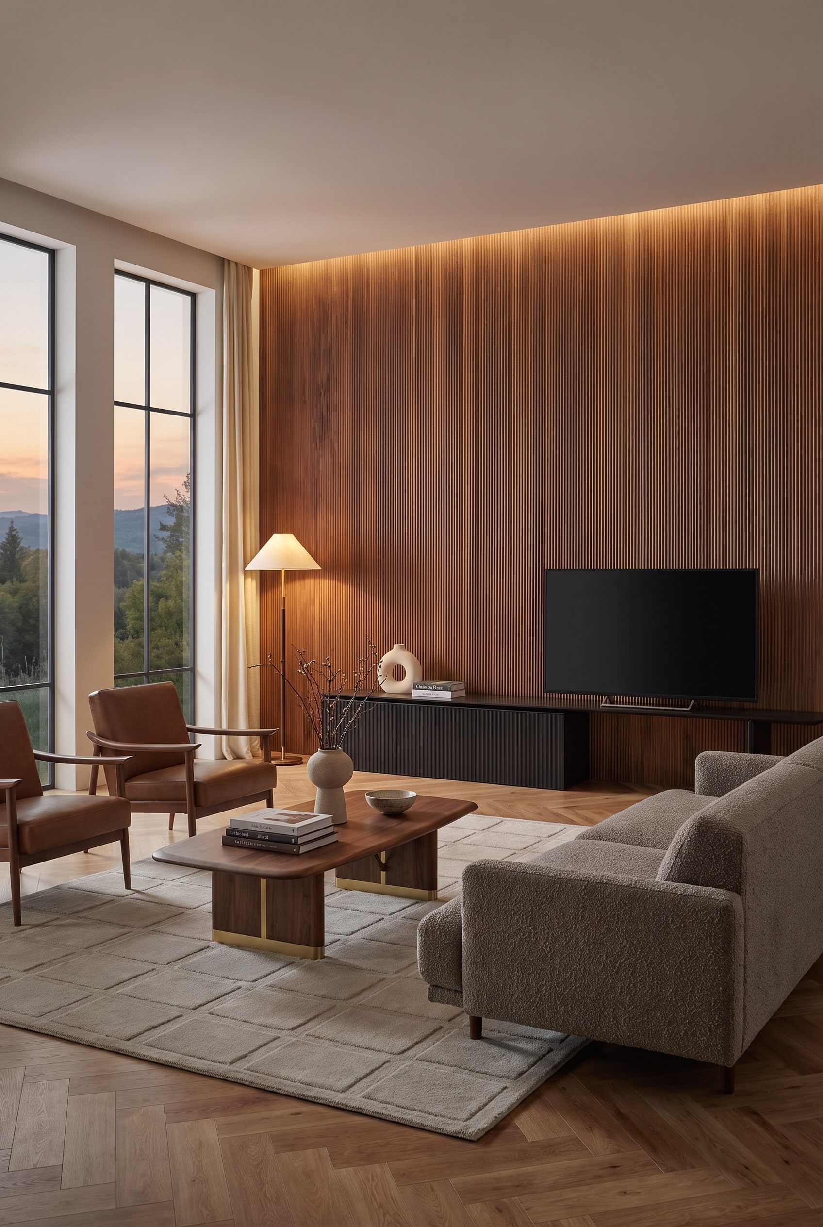 Woonkamer met donkere houten lattenwand, zwart Punt Velasca Lowboard, tv-toestel en cognacbruine Mid-Century fauteuils.
