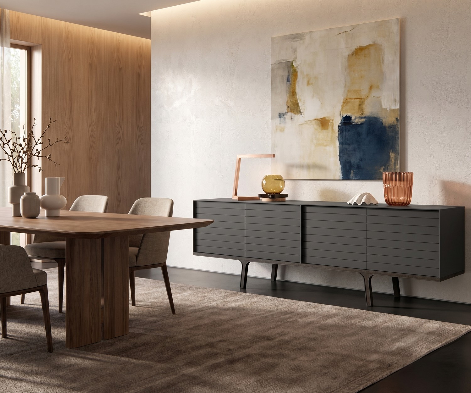 al2 Mobius 002 design sideboard in a dining room. Dark grey wooden credenza with abstract painting and warm lighting.