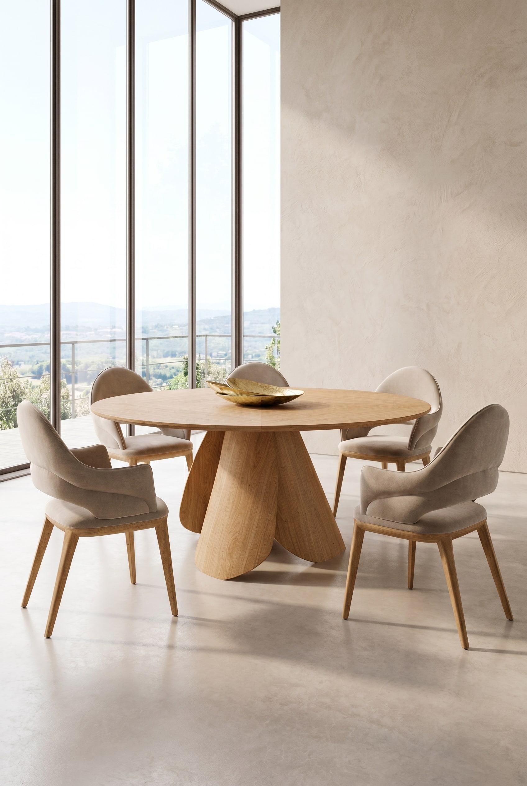 Ronde eettafel van licht hout met centrale sokkel, omgeven door gebogen beige gestoffeerde stoelen