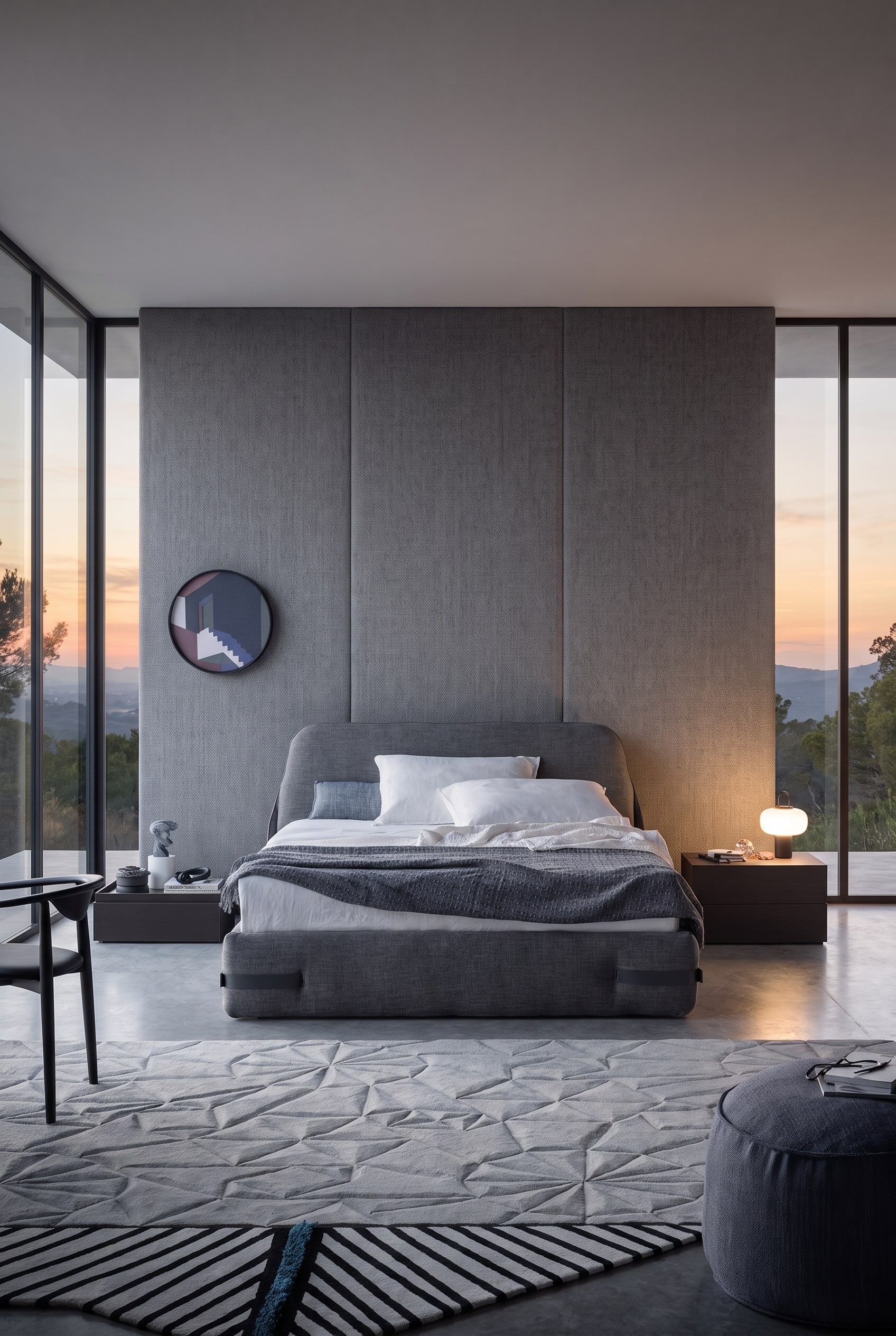 Minimalistisches Schlafzimmer mit gemütlichem Polsterbett im identischen Grauton wie das dahinterliegende Textil Wandpaneel