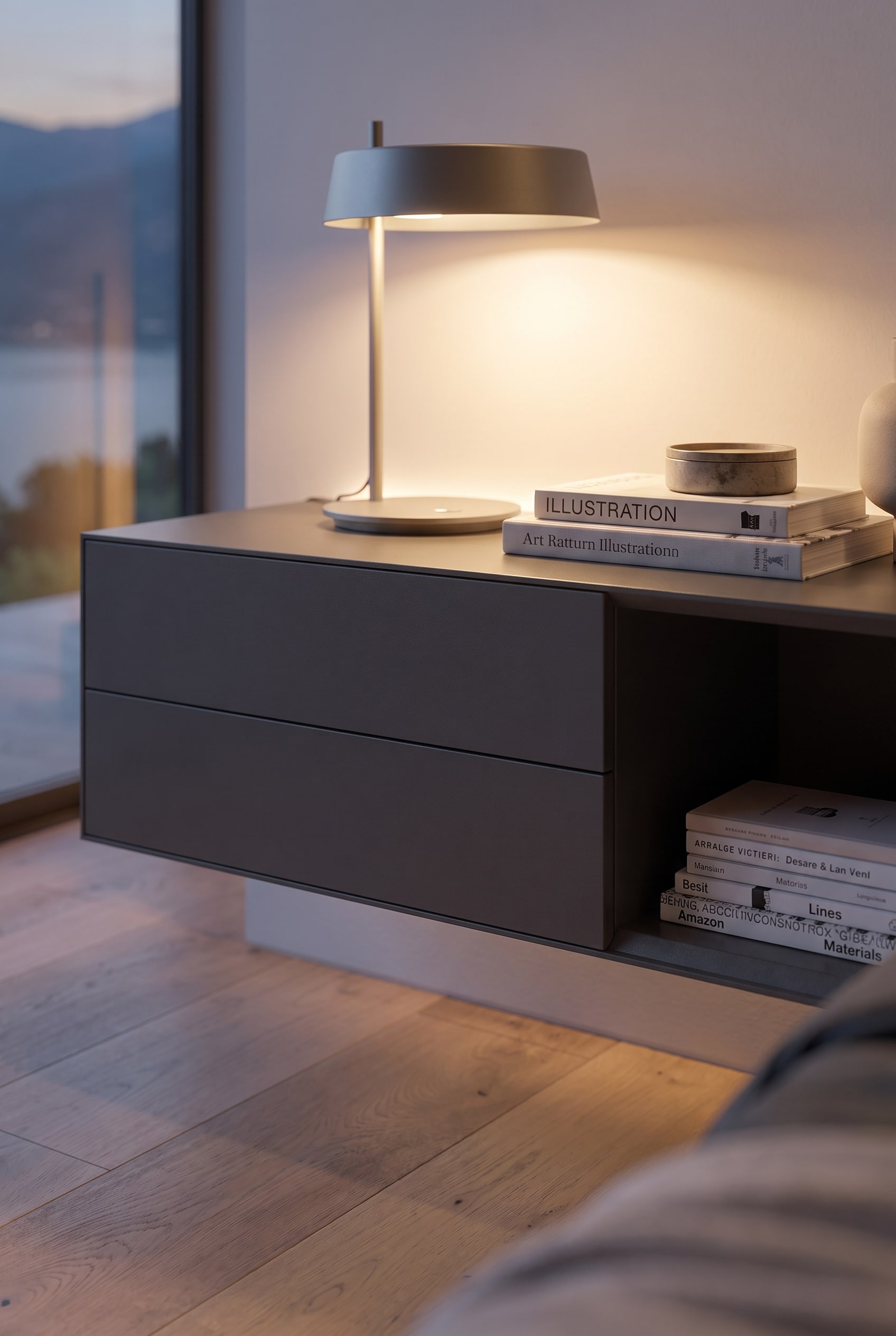 Dettaglio di un comodino sospeso grigio opaco con due volumi illustrati impilati, una piccola ciotola in pietra e la base di una lampada da tavolo di design.