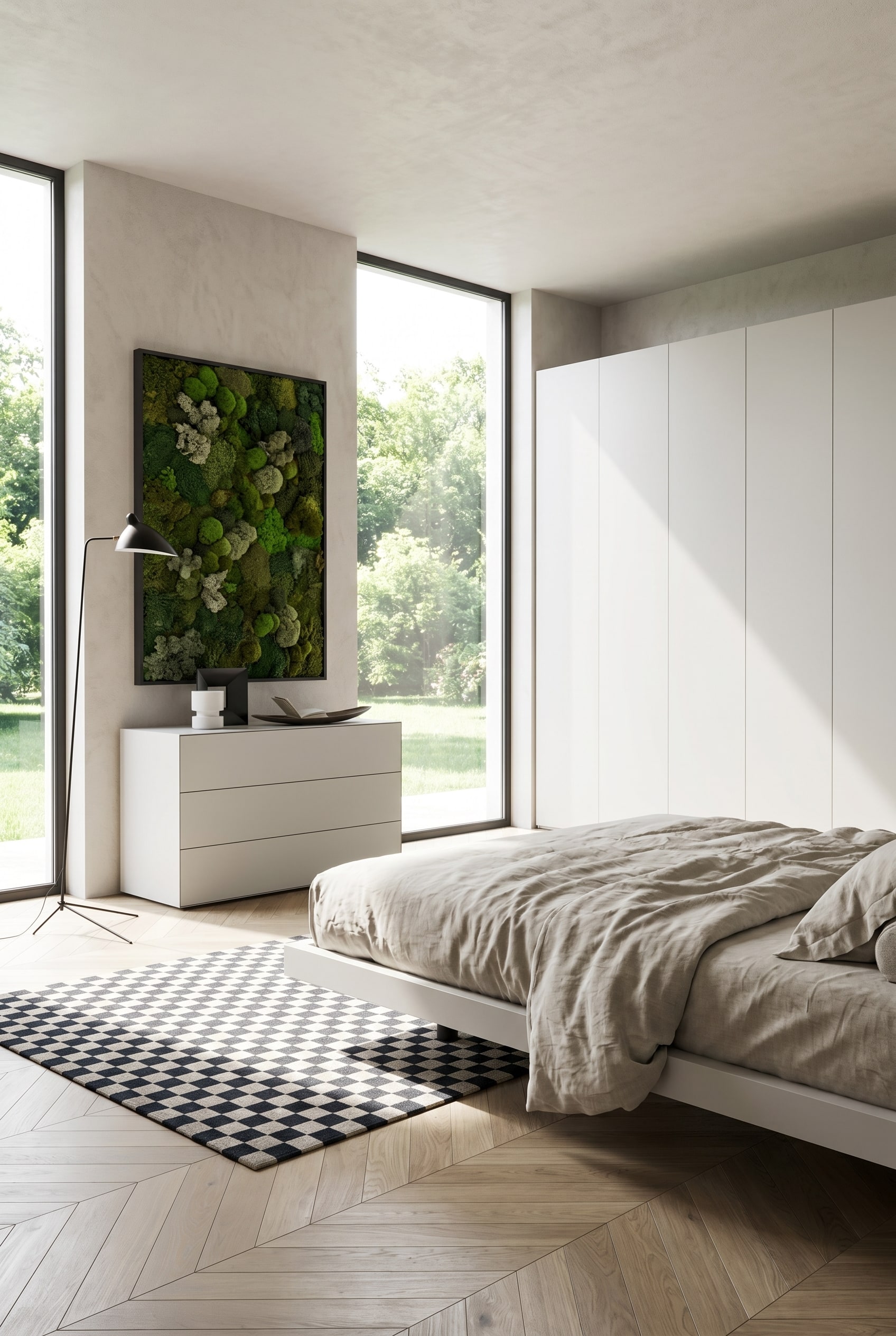 Camera da letto minimalista con cassettiera bianca senza maniglie, sopra un quadro di muschio rettangolare e una semplice lampada da terra