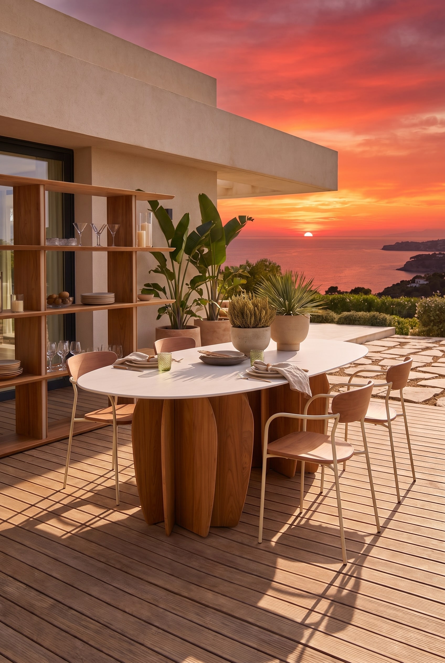Deck in legno in prima serata con un elegante tavolo da pranzo ovale da esterno, le cui distintive gambe in teak sono illuminate dalla calda luce posteriore