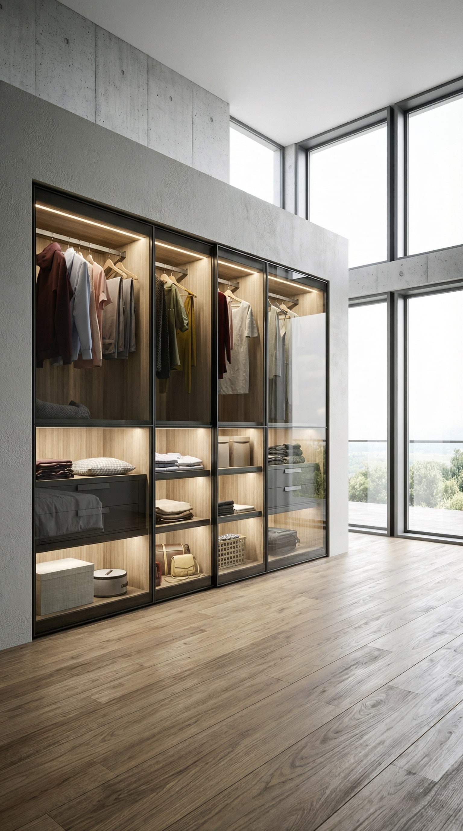 Luxurious bedroom with the illuminated Novamobili Layer Wardrobe, whose smoked glass doors create an elegant boutique atmosphere. Luxurious bedroom with the illuminated Novamobili Layer Wardrobe, whose smoked glass doors create an elegant boutique atmosphere.