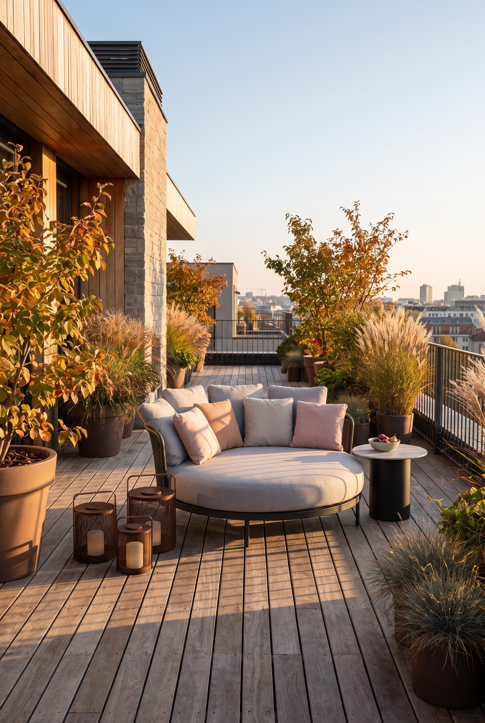 Daybed d'ext&eacute;rieur rond avec de gros coussins gris sur une terrasse en bois &agrave; ciel ouvert