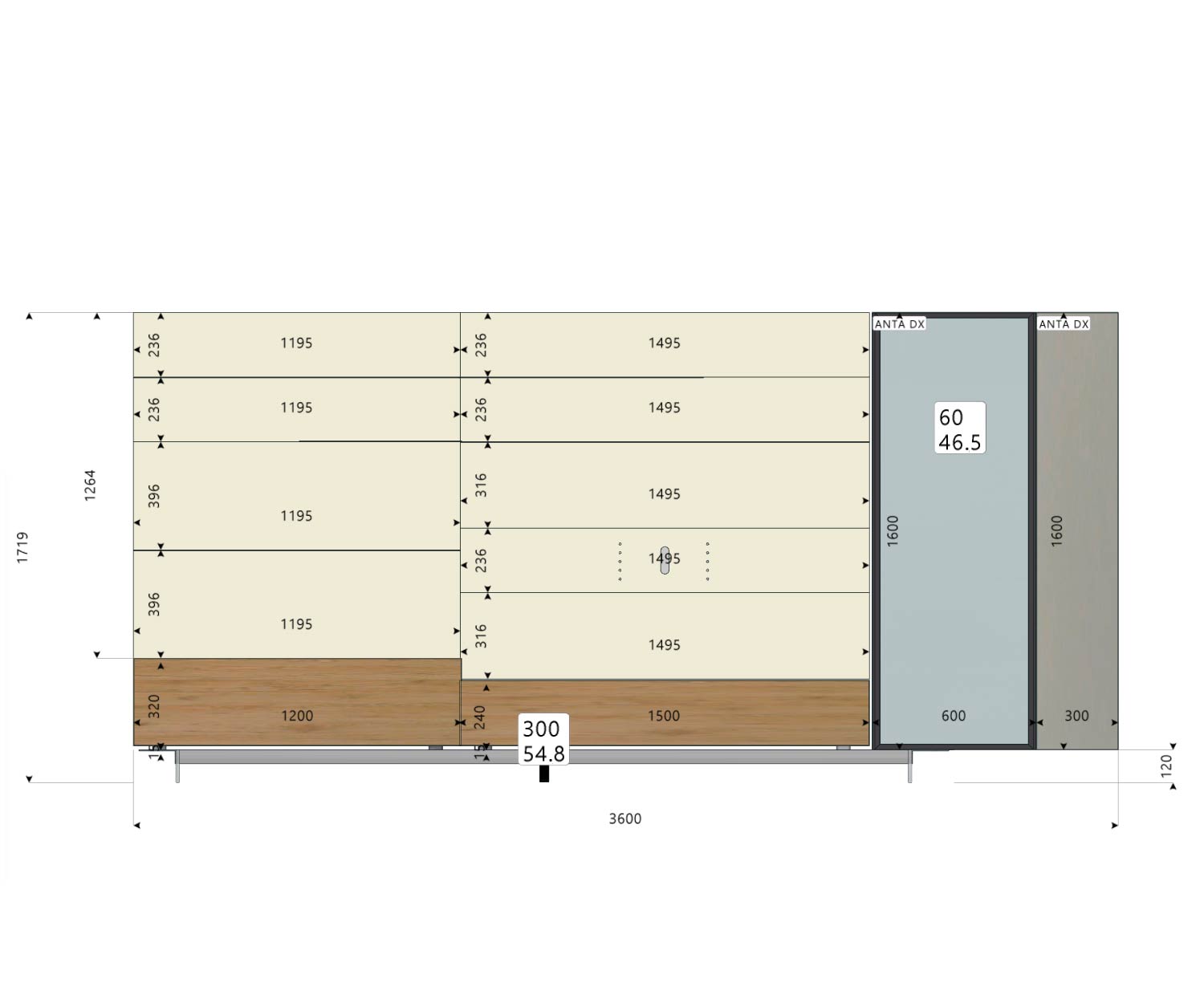 Livitalia Design Wohnwand C42 mit Abmessungen Größen Größenangaben Skizze