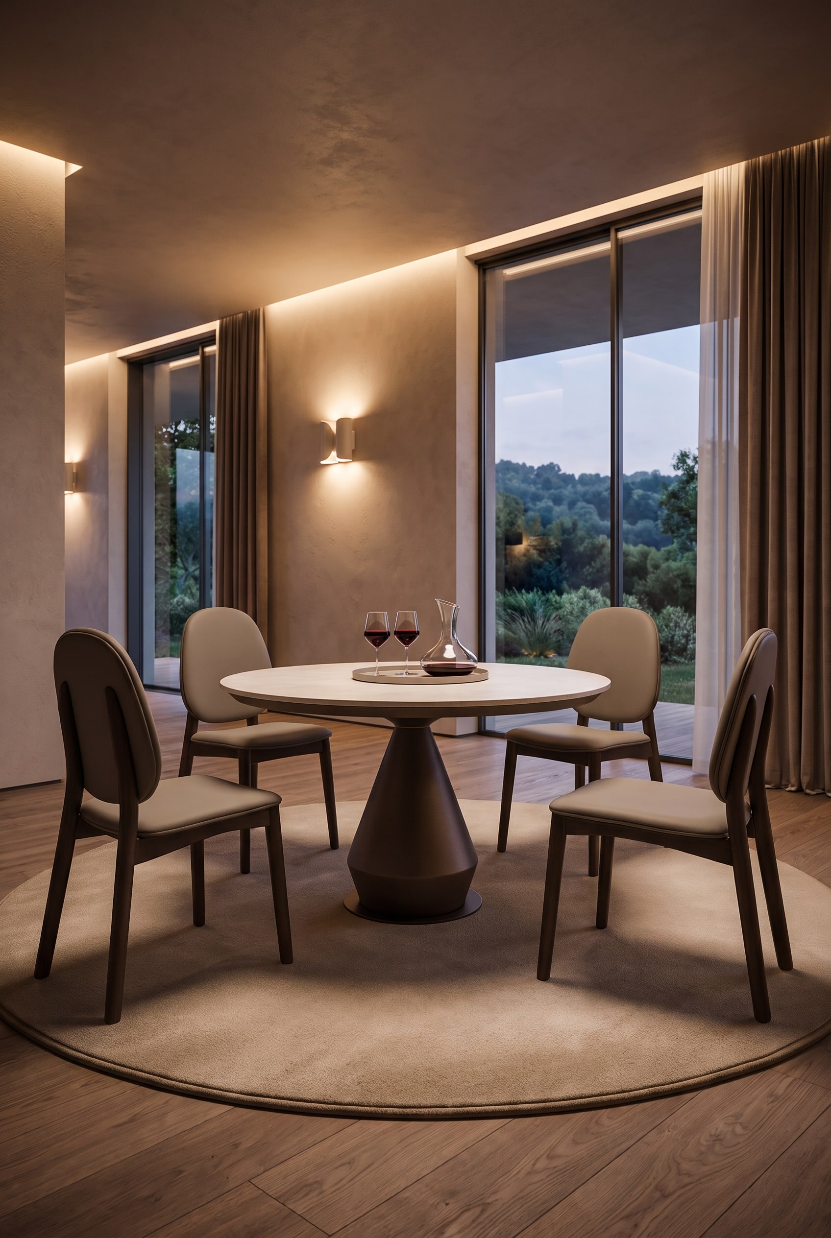 Round extendable dining table Ozzio Lycos with ceramic top, four rounded chairs, and an elegant rug