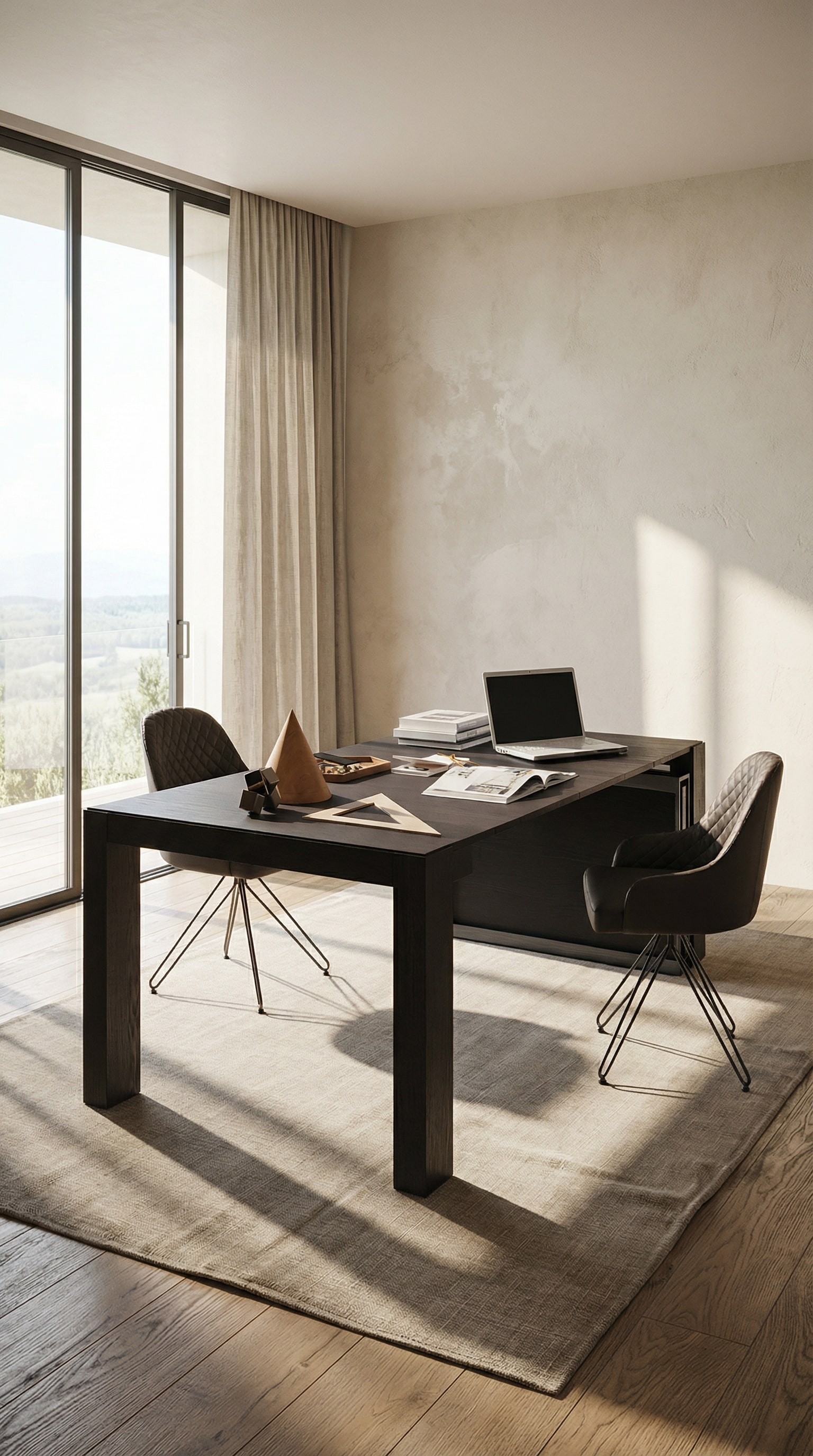 Eine erweiterbare Ozzio Konsole A3 in halboffenem Zustand, die sich von einer schmalen Ablage in einen Schreibtisch verwandelt.