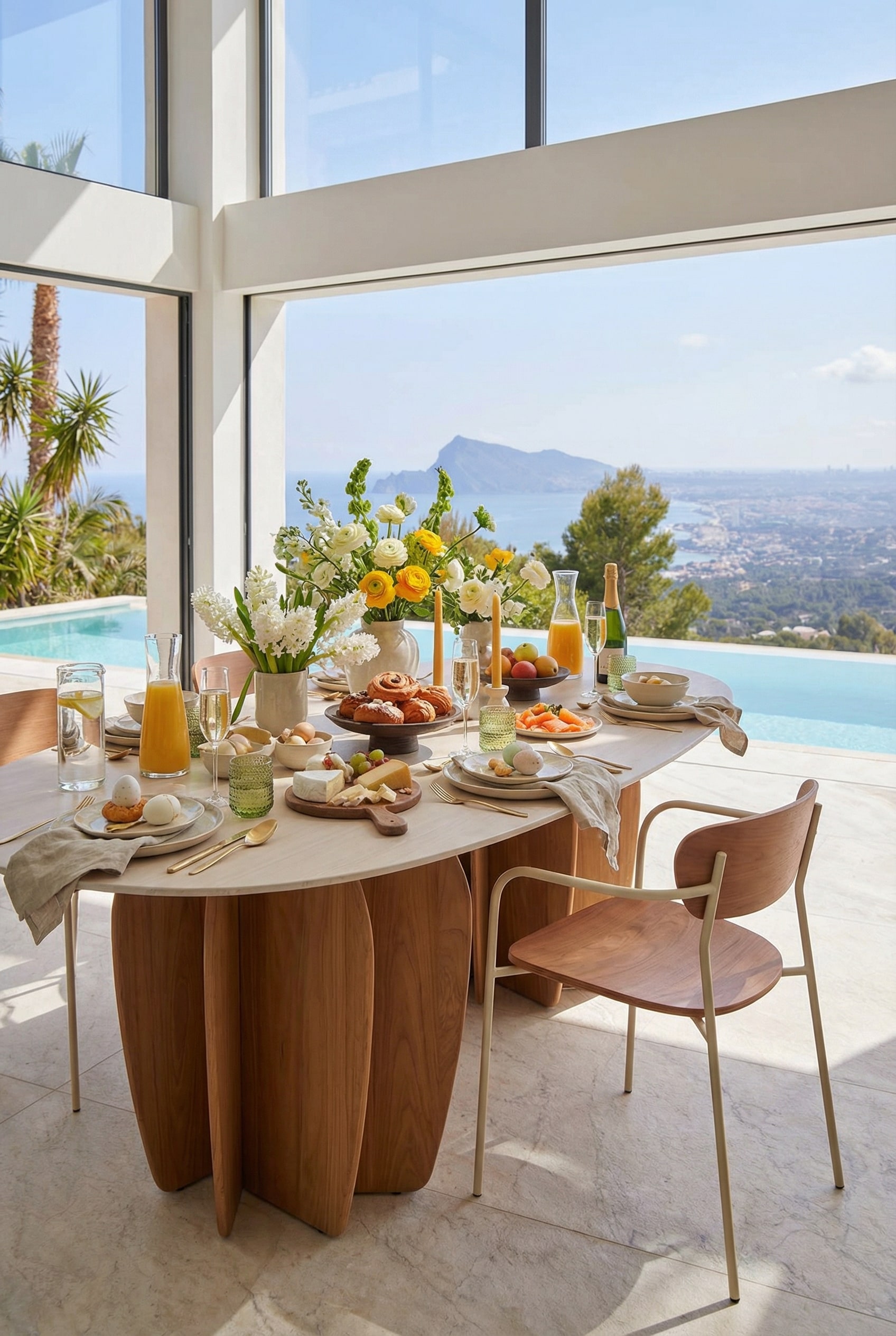 Outdoor eettafel met organische vormen en houten elementen Outdoor eettafel met organische vormen en houten elementen