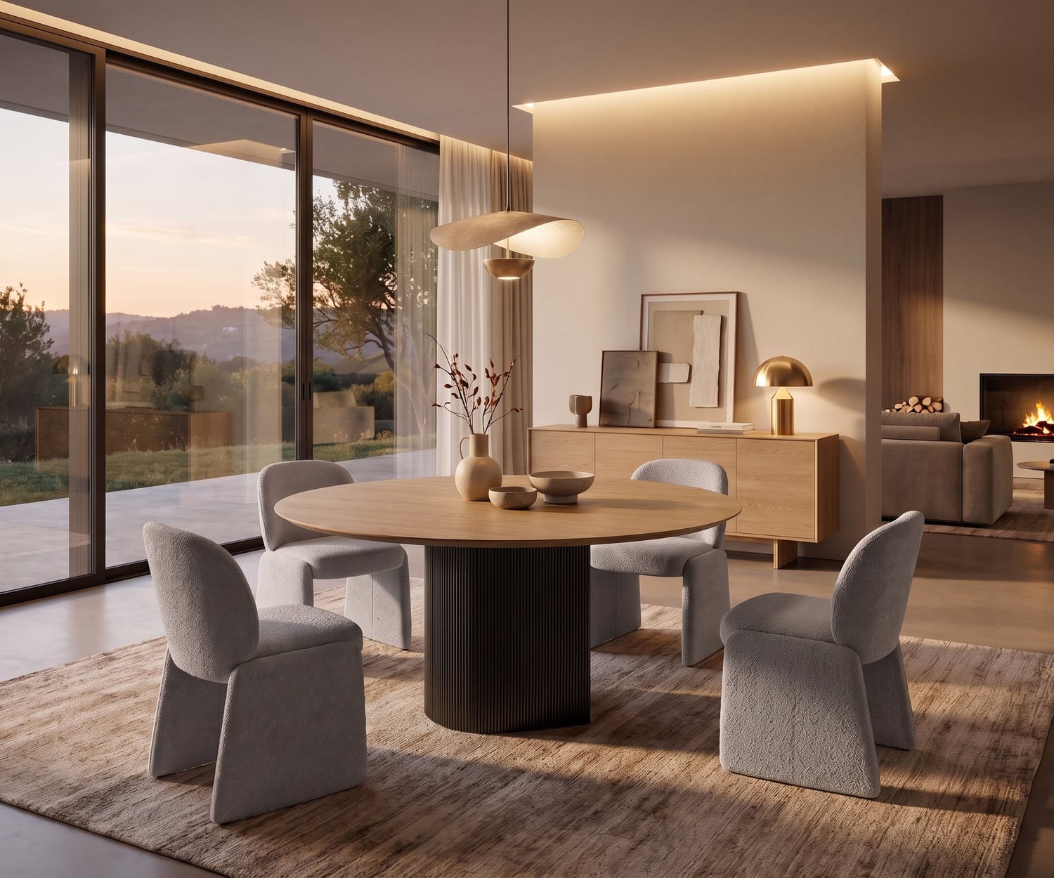 Runder Esstisch al2 dakry br 001 im modernen Esszimmer mit Holzplatte, gerilltem Mittelfuß und grauen Design-Stühlen.