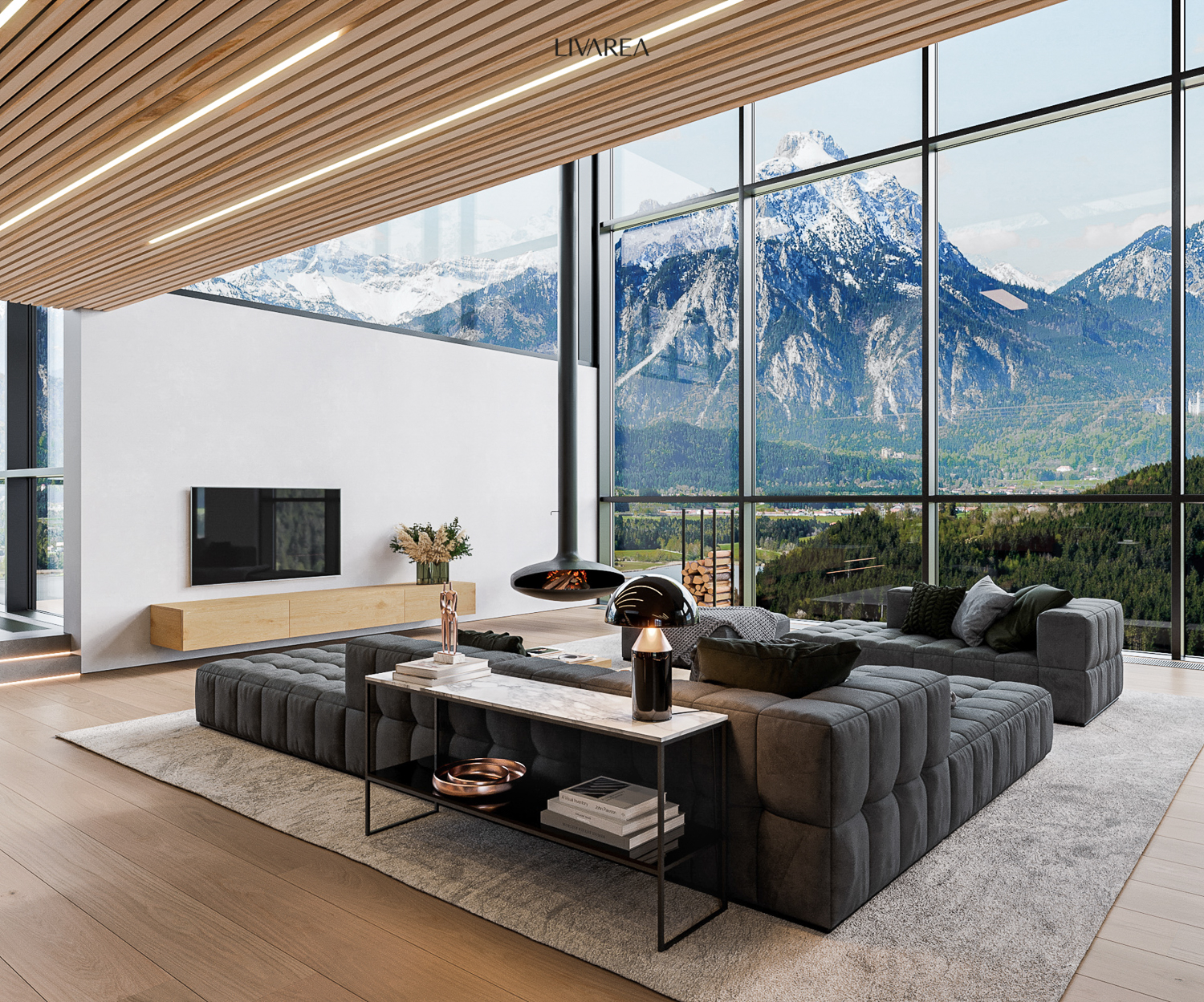 Moderne Luxusvilla mit Designer Wohnzimmer Sofalandschaft Big Sofa Lowboard Holz Wand Konsole Raumteiler