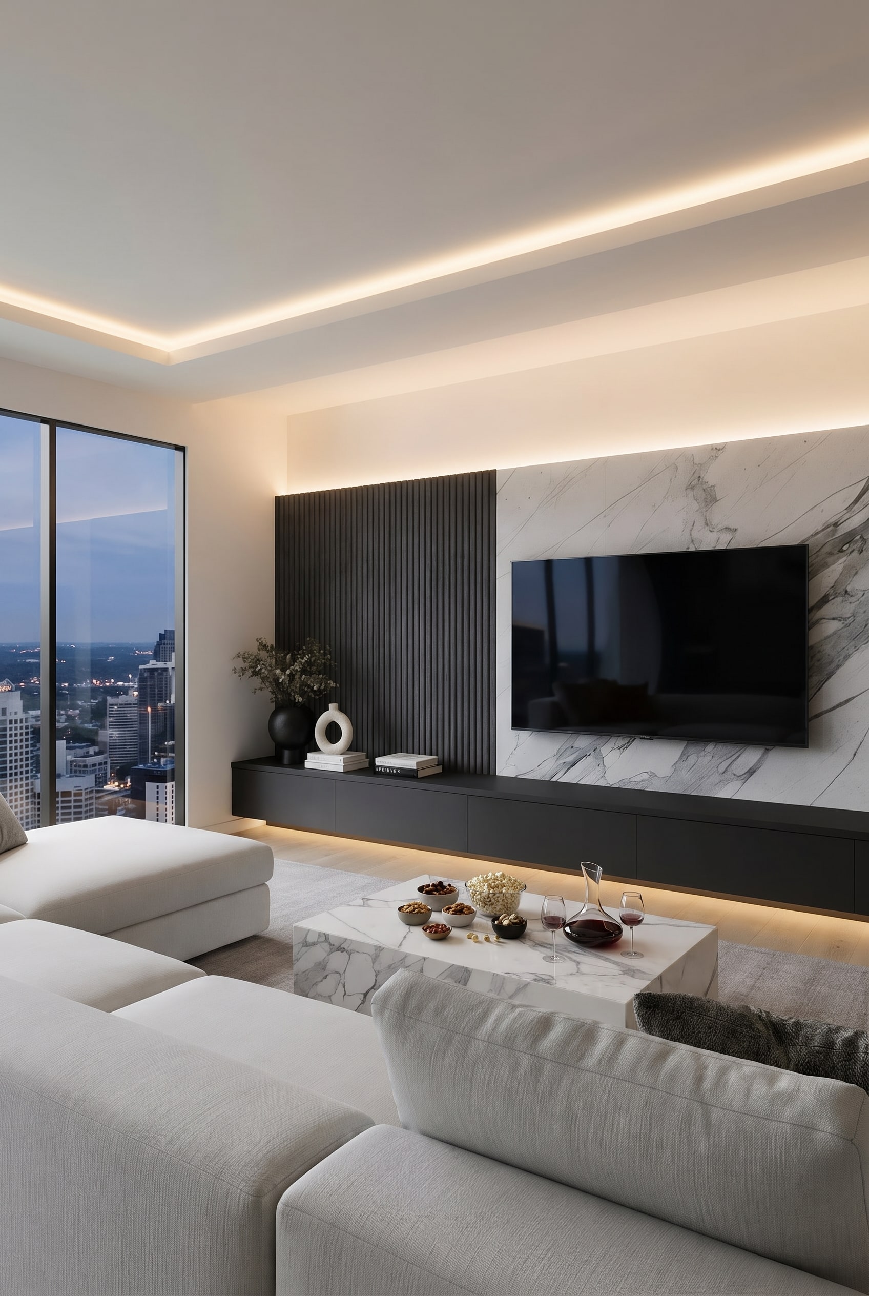 Luxurious living room with custom-made media wall of dark grey slats, marble back panel and large white couch