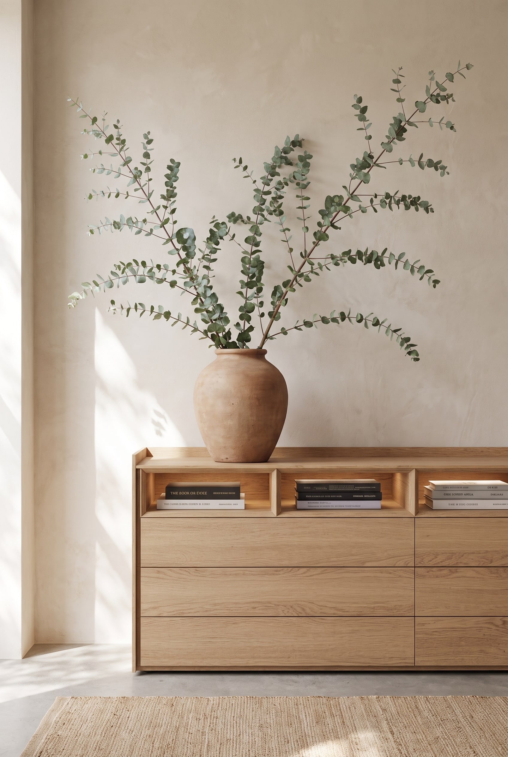 Light oak chest of drawers with an open niche, topped with a bulbous unglazed clay vase holding three large, expansive eucalyptus branches