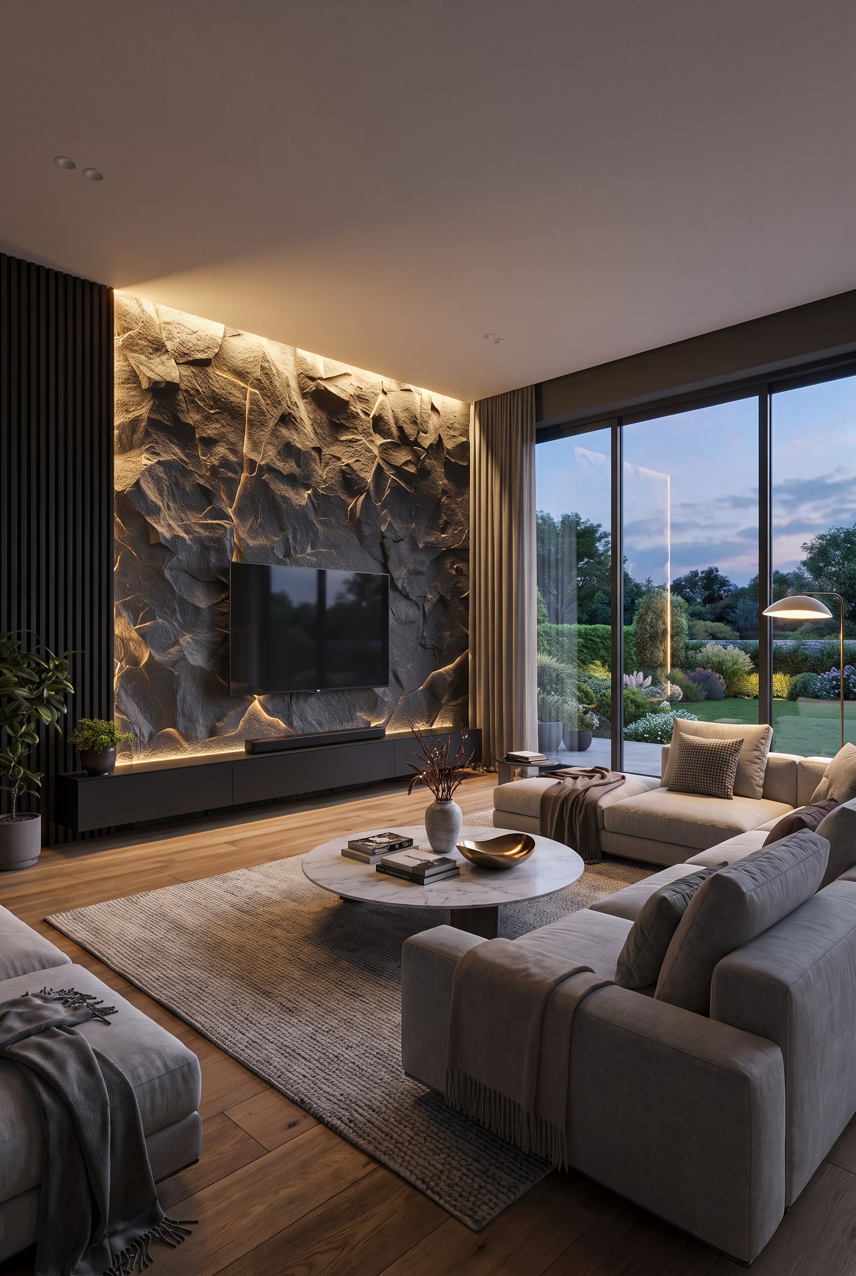 Minimalist, handleless TV lowboard in a modern living room, hiding consoles and controllers