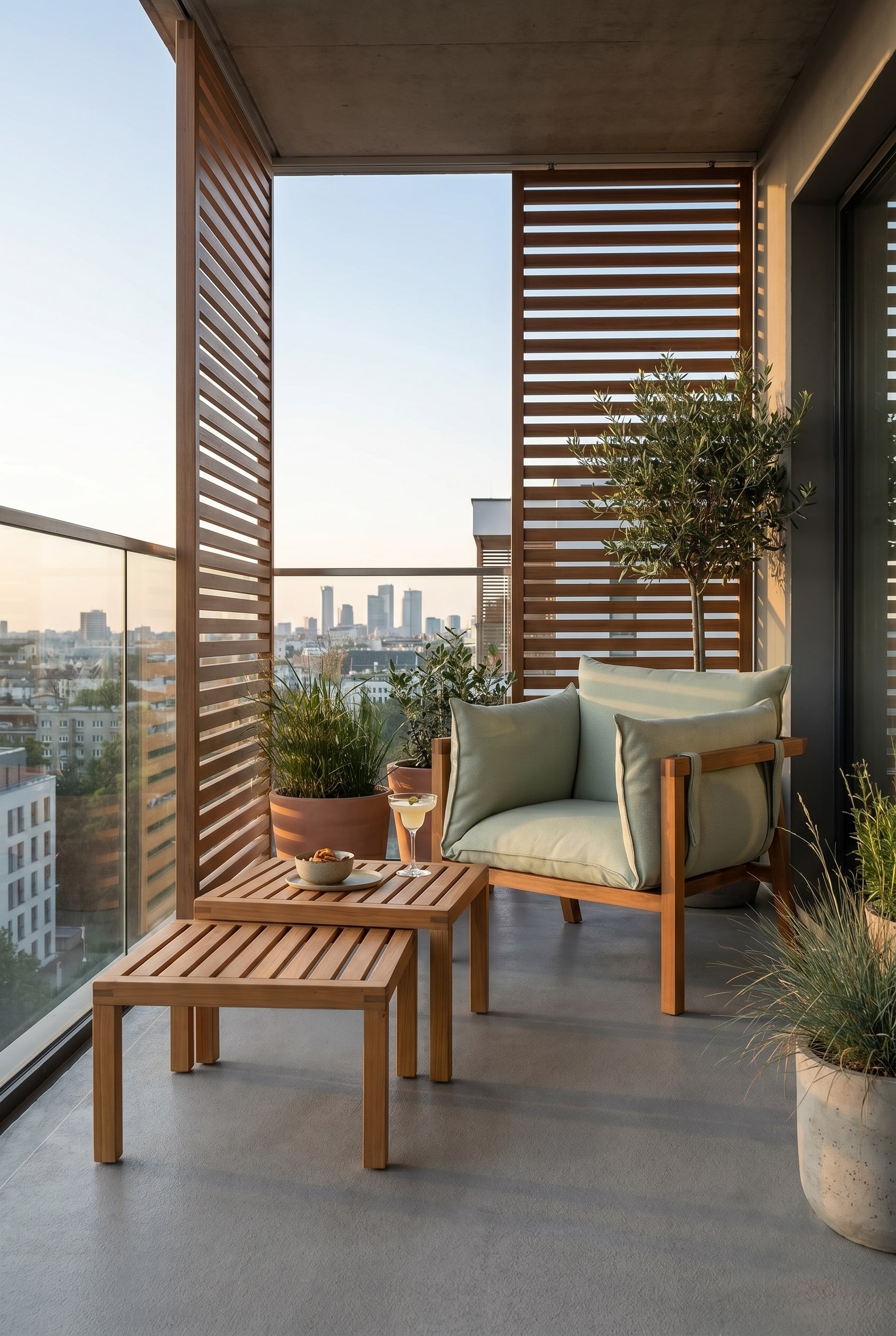 Setup urbano per balcone con due tavolini quadrati di diverse altezze in listelli di legno davanti a una moderna parete grigia