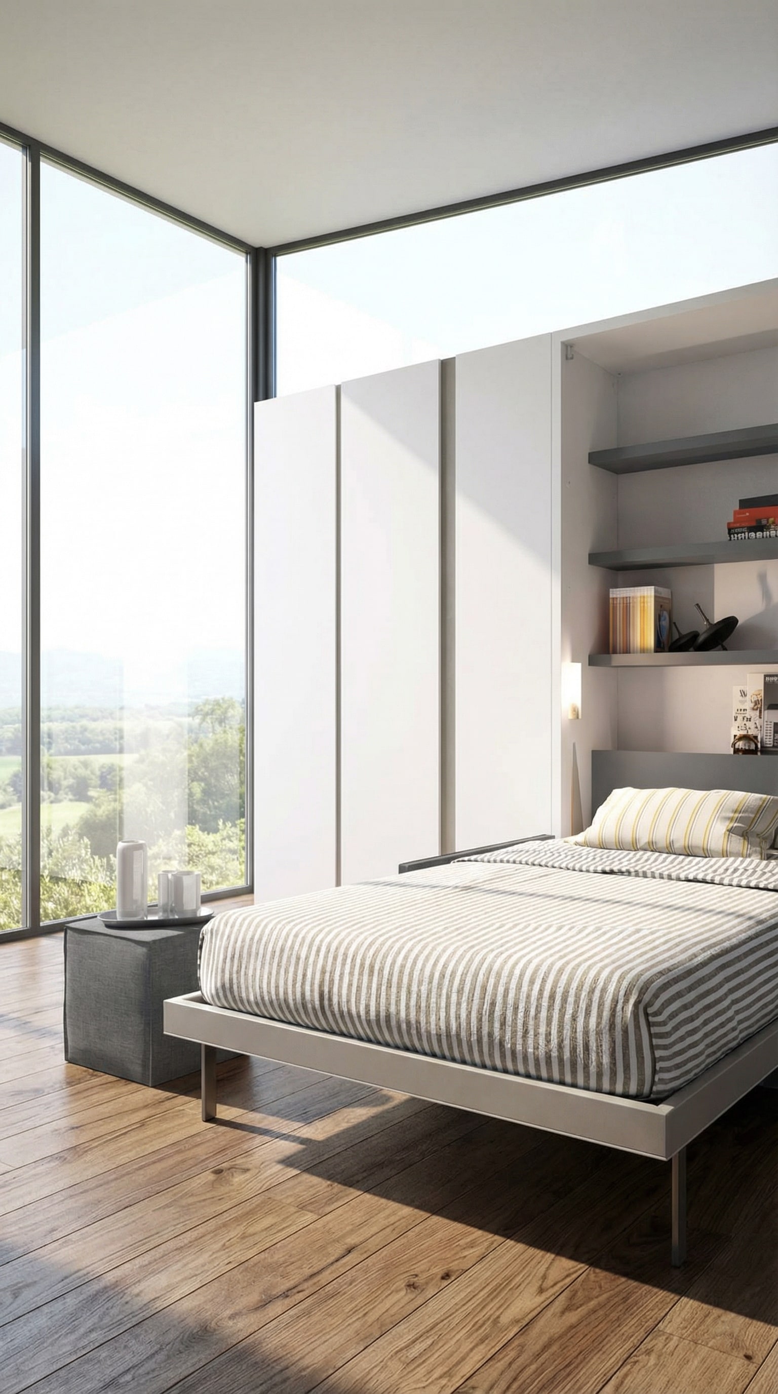 Kompaktes Clei Altea Schrankbett, nahtlos integriert in eine moderne Regalwand in einem eleganten Zimmer.