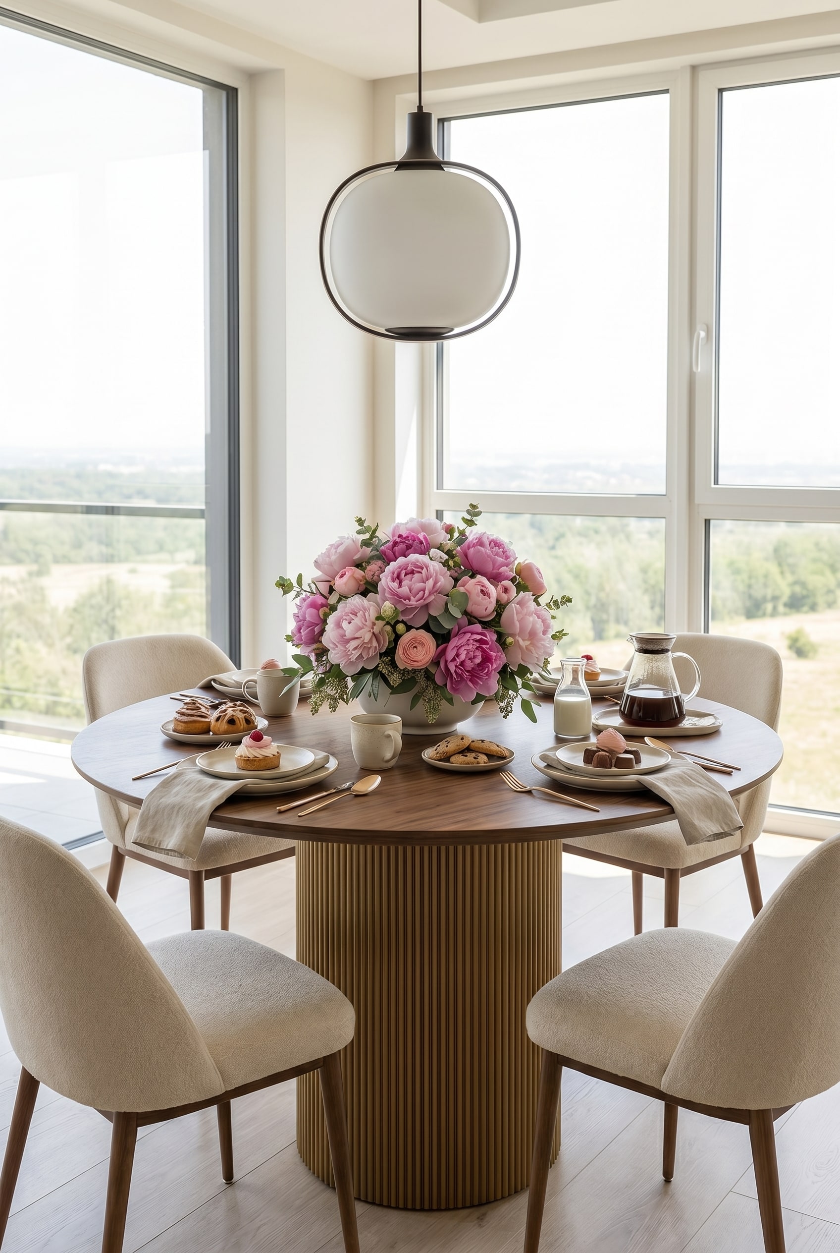 Elegante ronde eettafel met geribbelde zuilvoet van hout, versierd met ronde pioenrozen in de lichte eetkamer