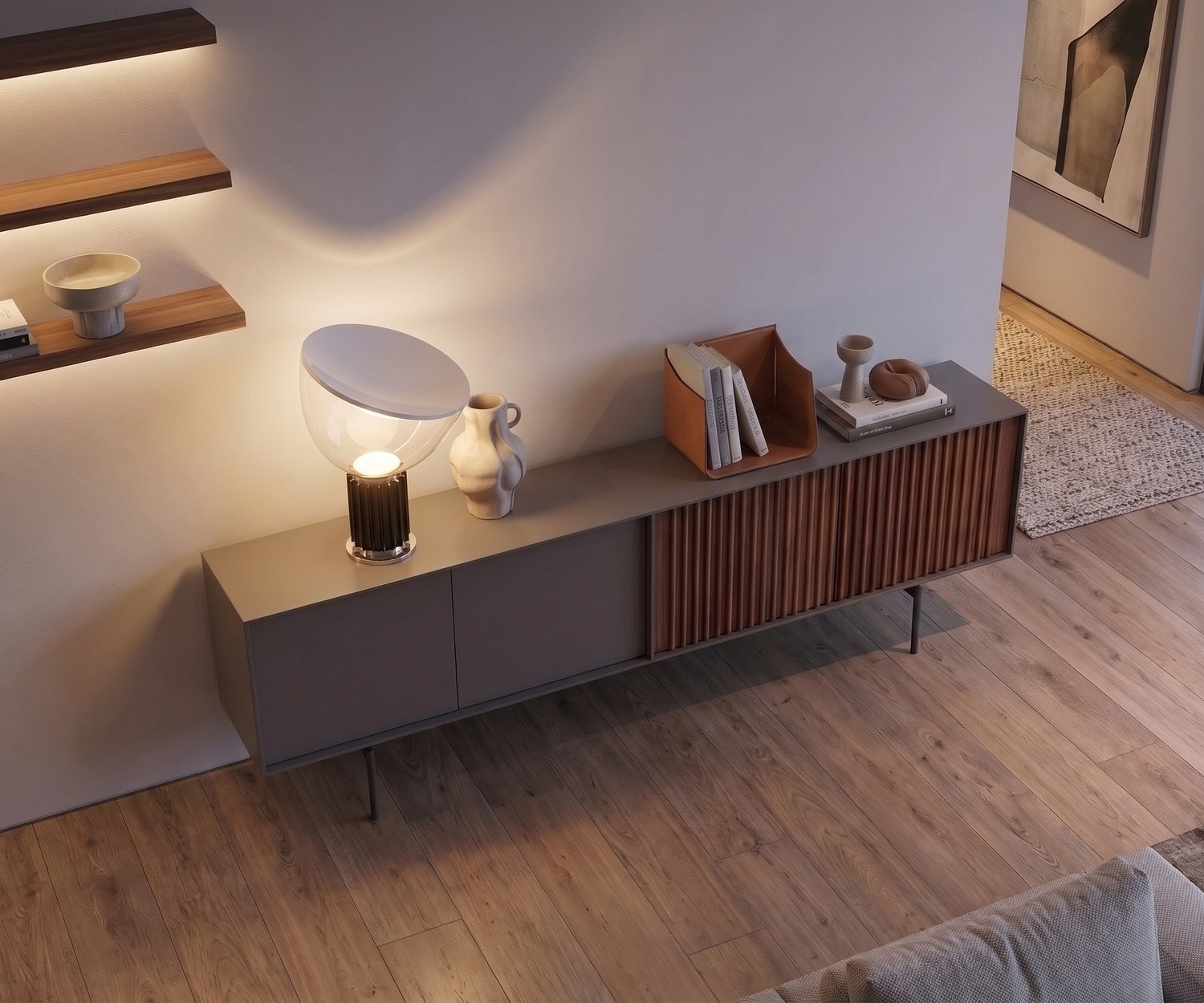 al2 ka-bera 003 B design sideboard in a modern living room with grey matte doors, walnut wood slats and slim metal legs.