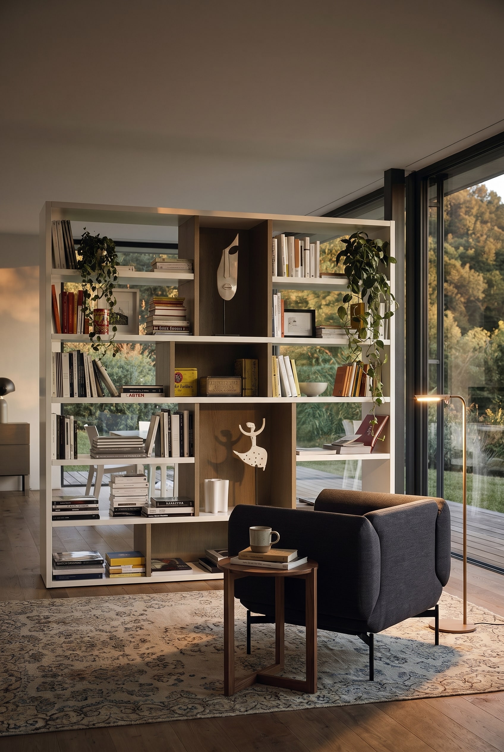 Une biblioth&egrave;que ouverte et moderne fait office d'&eacute;l&eacute;gant s&eacute;parateur de pi&egrave;ce et prot&egrave;ge en douceur un coin lecture confortable dans le grand salon.
