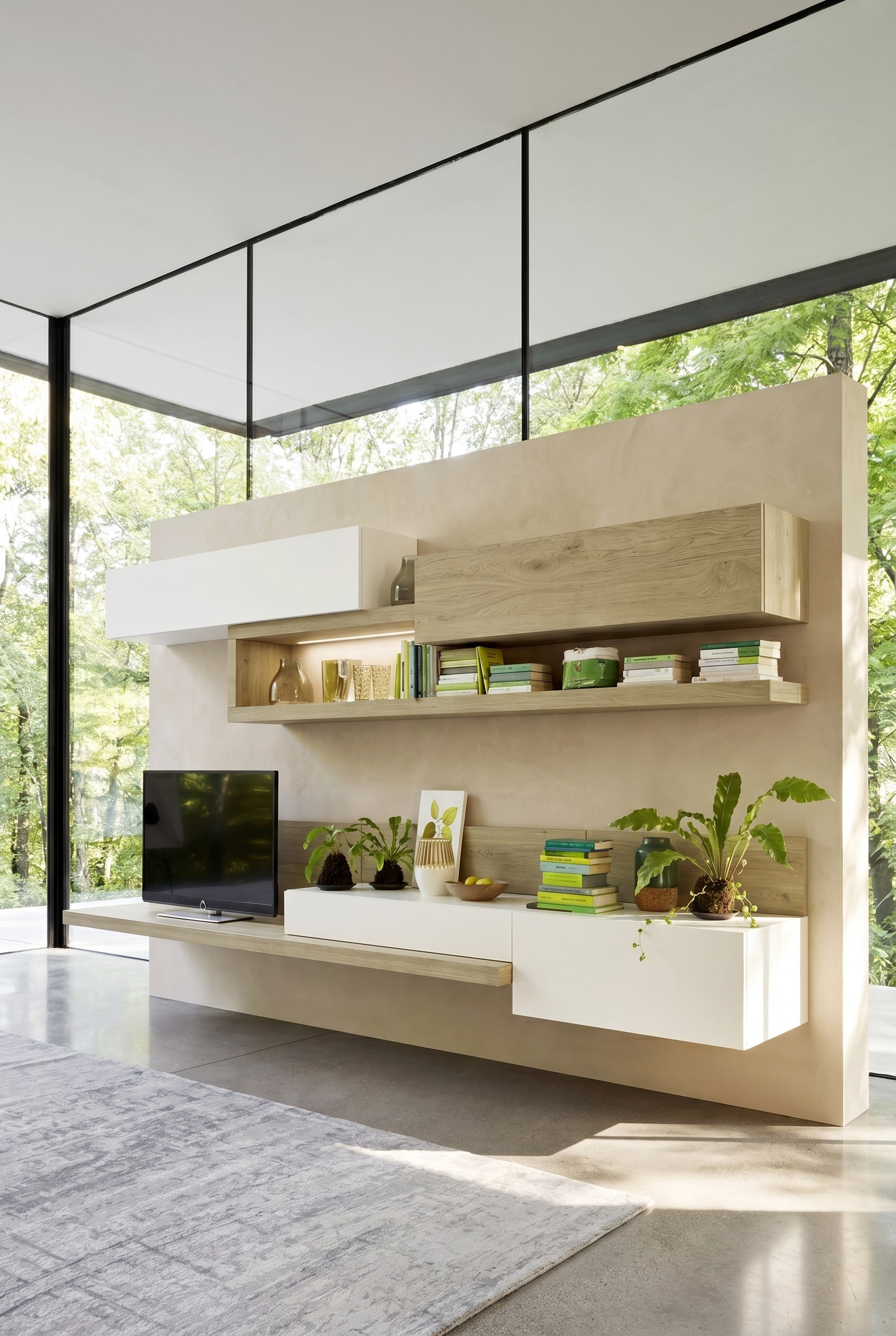 Elegante Wohnwand, die matten Lack und nat&uuml;rliches Echtholzfurnier perfekt kombiniert
