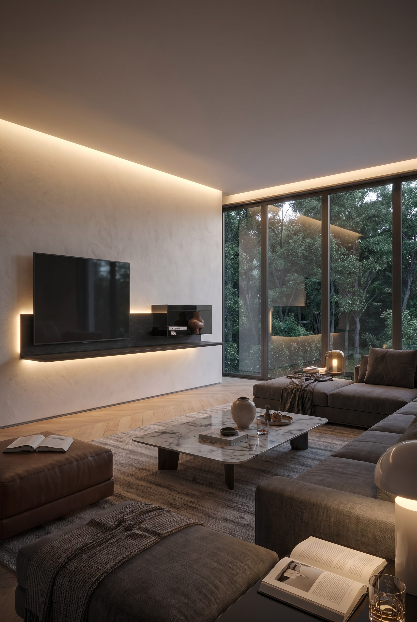 Moderne woonkamer met matzwart zwevend lowboard, grootformaat fotoboek en licht eiken parket