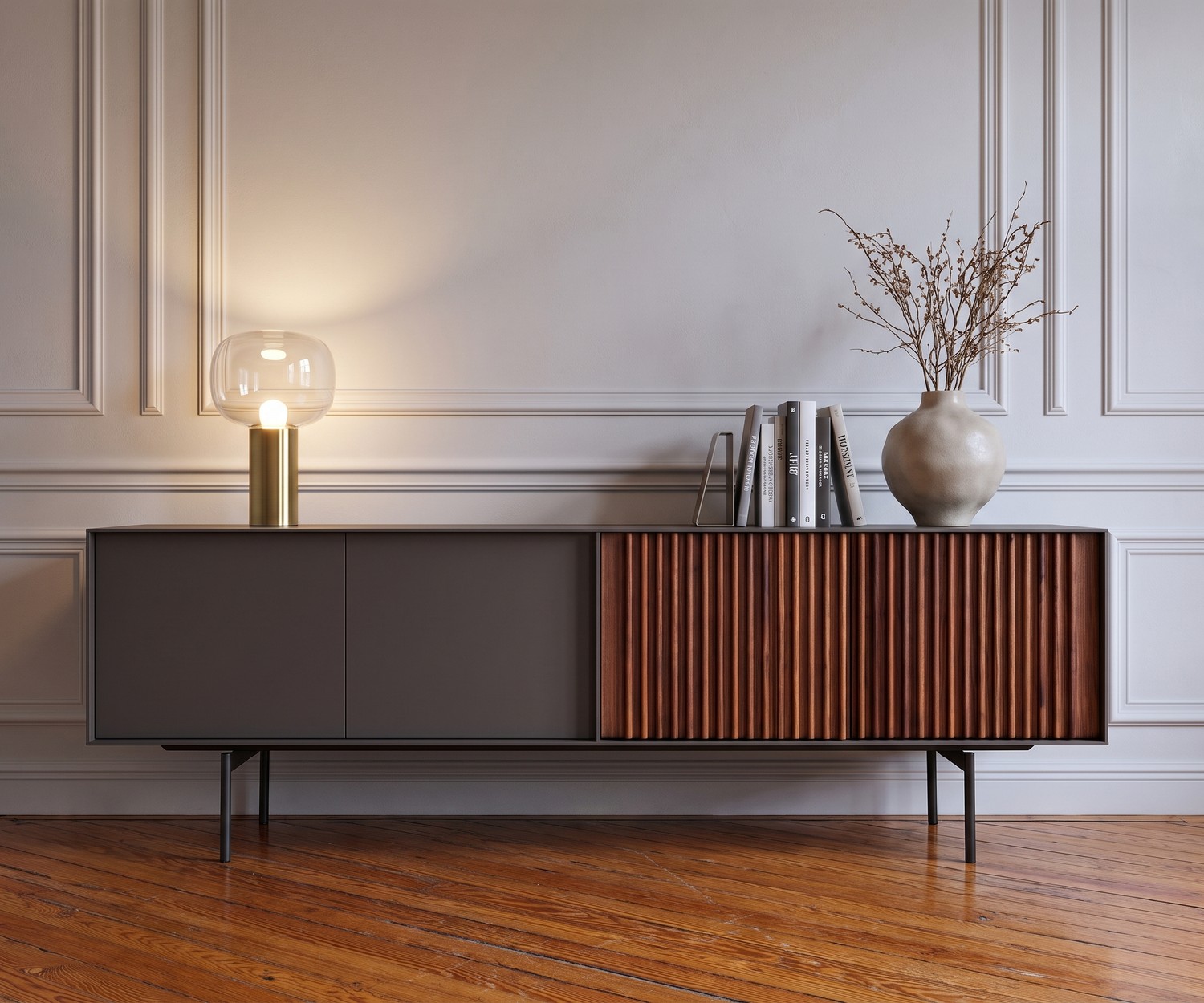 Design Sideboard Walnuss Dunkelgrau Matt lackiert Türen mit Push Pull Technik Design Sideboard Walnuss Dunkelgrau Matt lackiert Türen mit Push Pull Technik