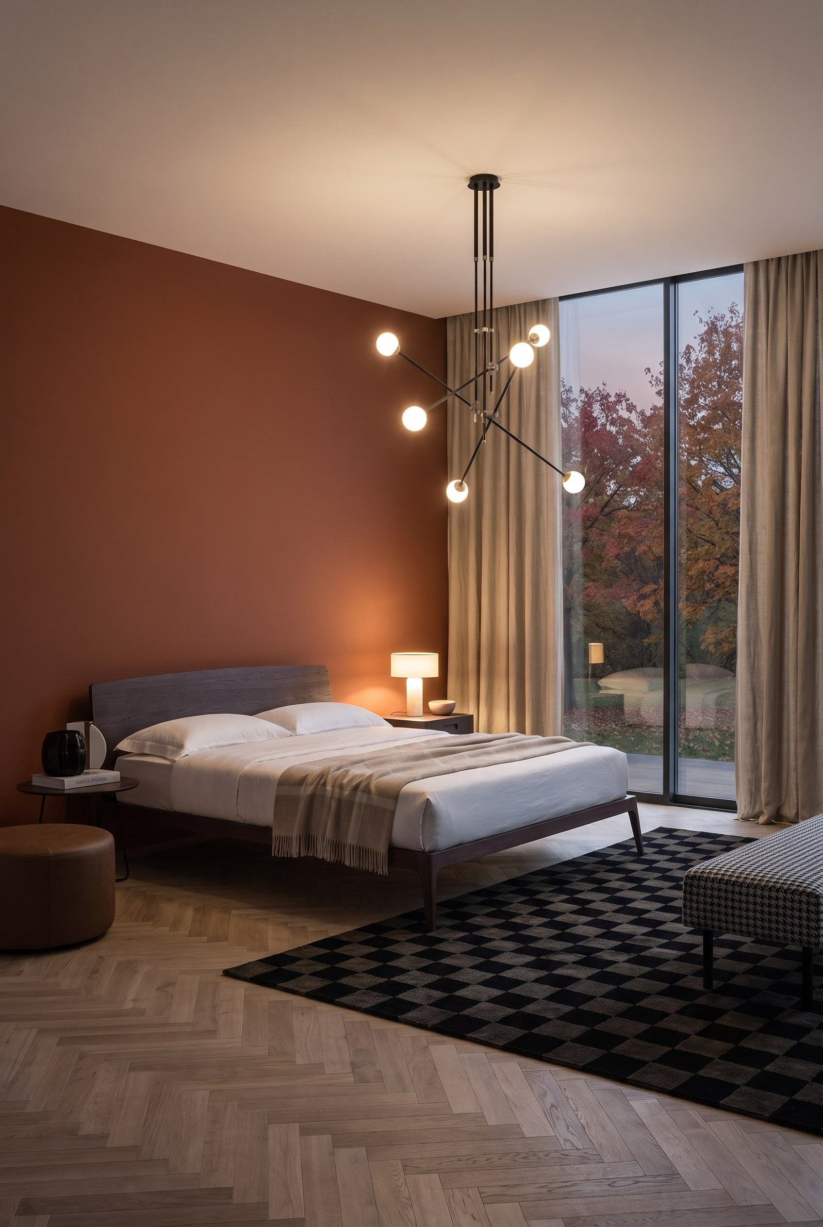 Elegante slaapkamer met houten bed, terracotta-kleurige muur en warmwit licht