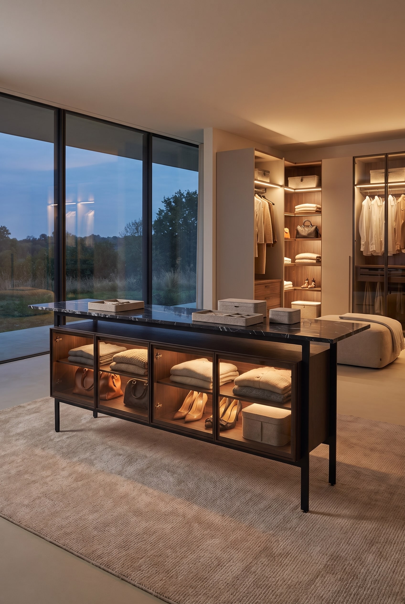 Een matzwart dressoir dient als ruimteverdeler in een ruime kleedkamer. Door de gesatineerde glasplaat aan de bovenzijde zijn verlichte horloges in het bovenste vak zichtbaar.