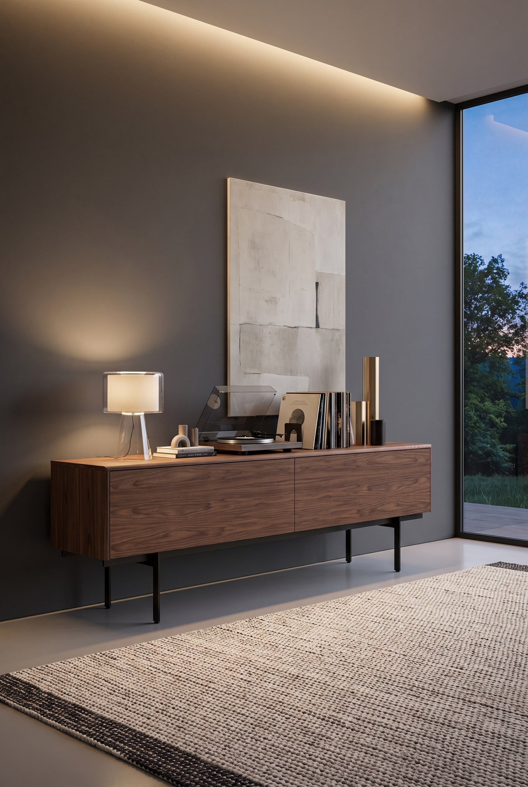 Elegante Sideboard in noce con venatura del legno marcata, posizionata davanti a una parete scura monocolore, decorata con accessori in pietra naturale e vetro fum&eacute;.
