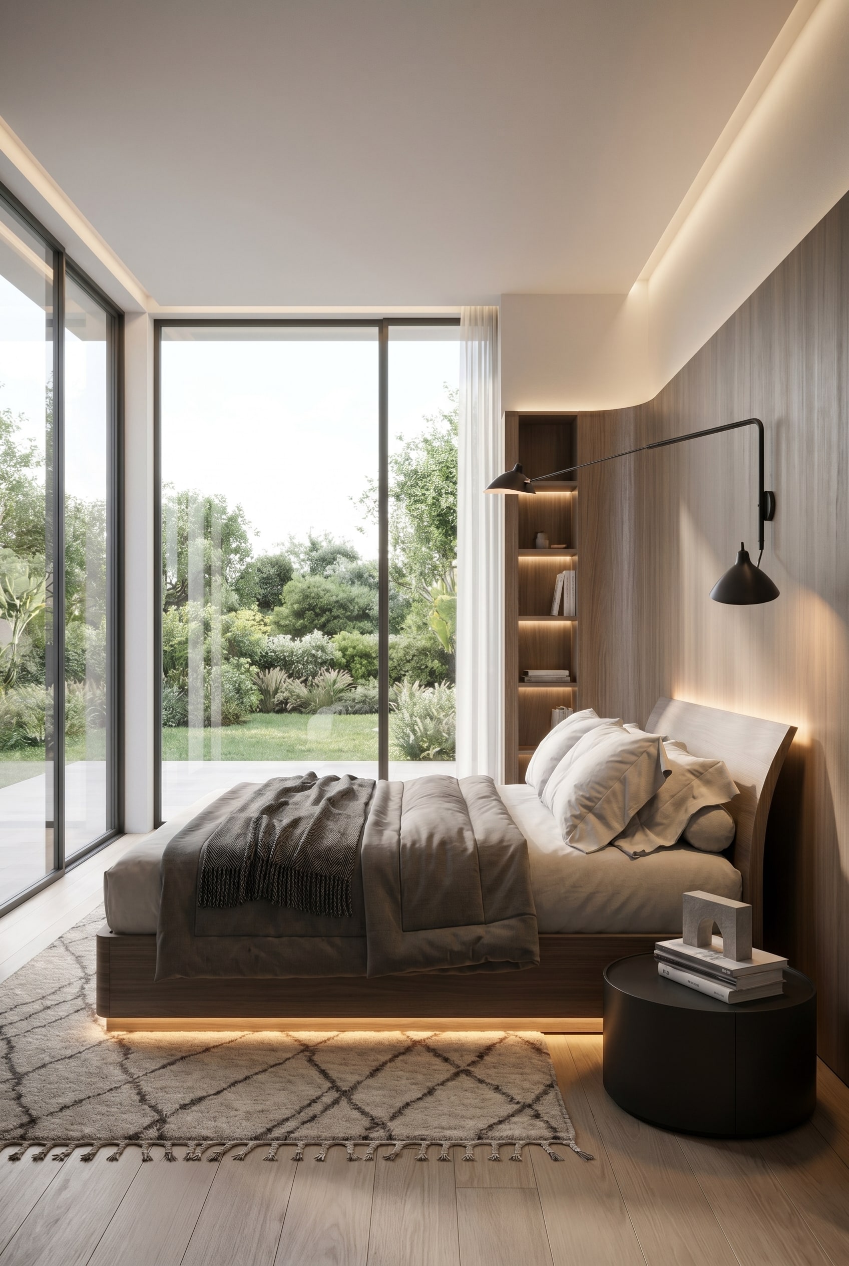 Gemütliches Schlafzimmer mit dem Bend Holzbett mit gebogenem Kopfteil und weichem Gradienten-Licht