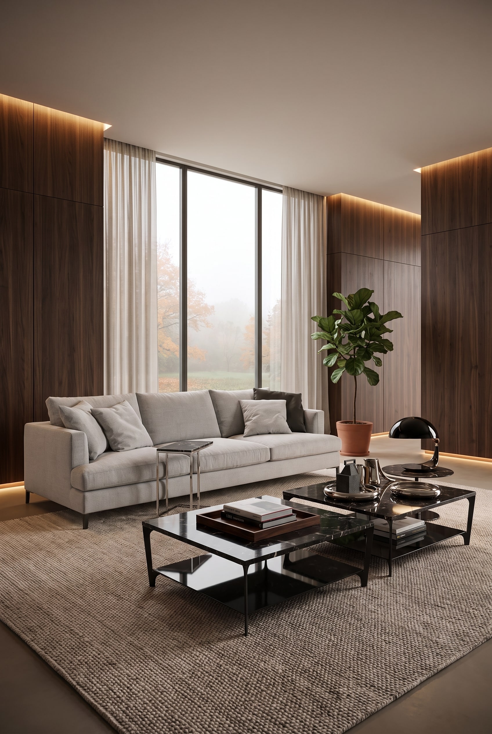 Royale, lage bank van beige linnenstof in een ruime, warm verlichte woonkamer