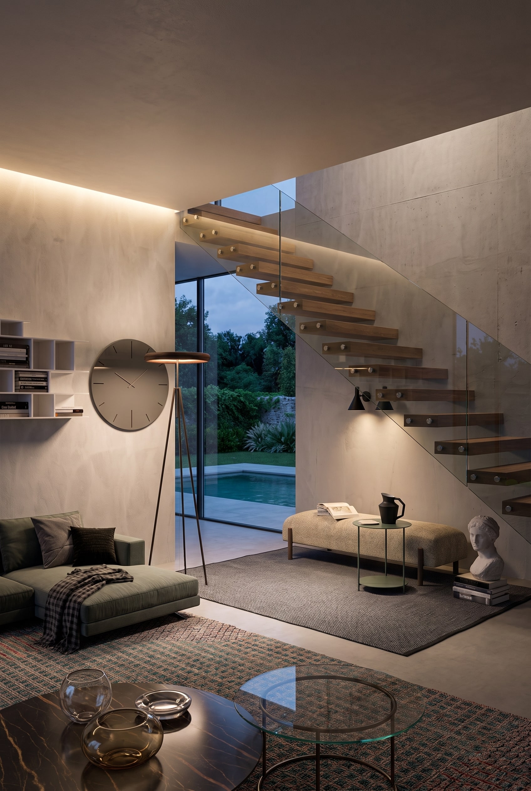 Eine gemütliche Leseecke im Raum unter einer Treppe mit gepolstertem Sessel und einem modernen Ozzio Byblos Boden Wandregal als Hausbibliothek.